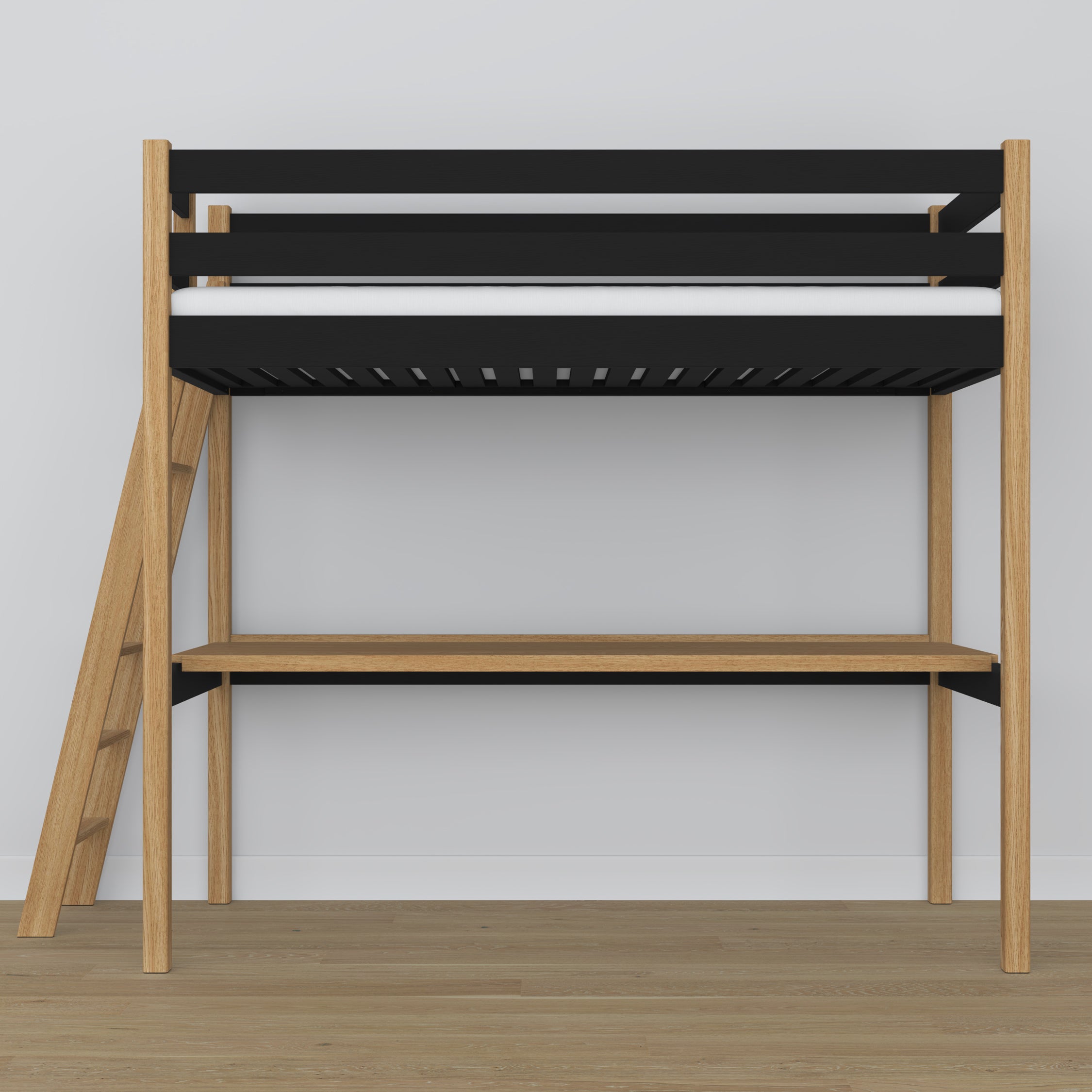 Loft bed black/oak wooden – top view of the sleeping area, Nizio