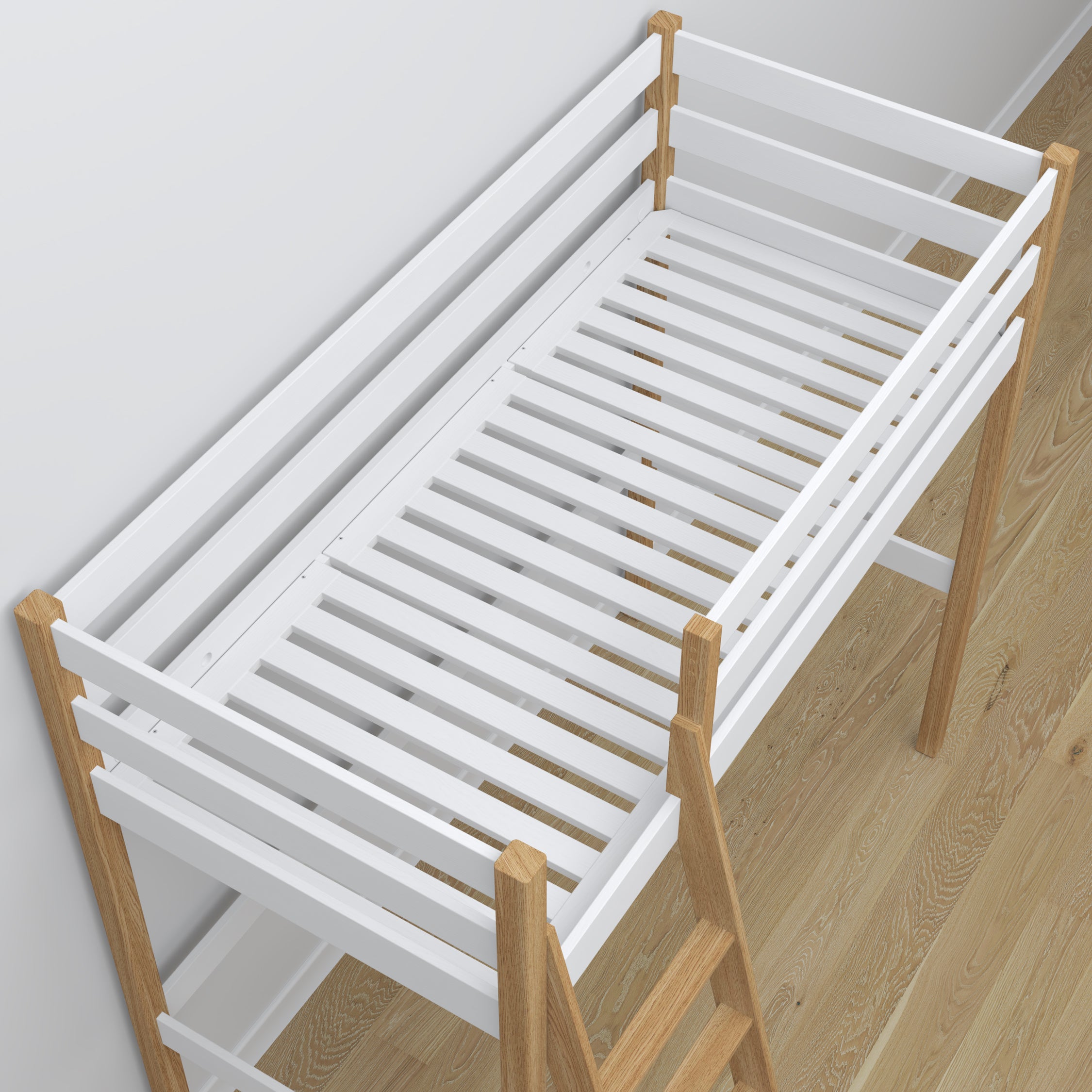 White and Oak Wooden Loft Bed – Ladder and Joint Details, Nizio Home