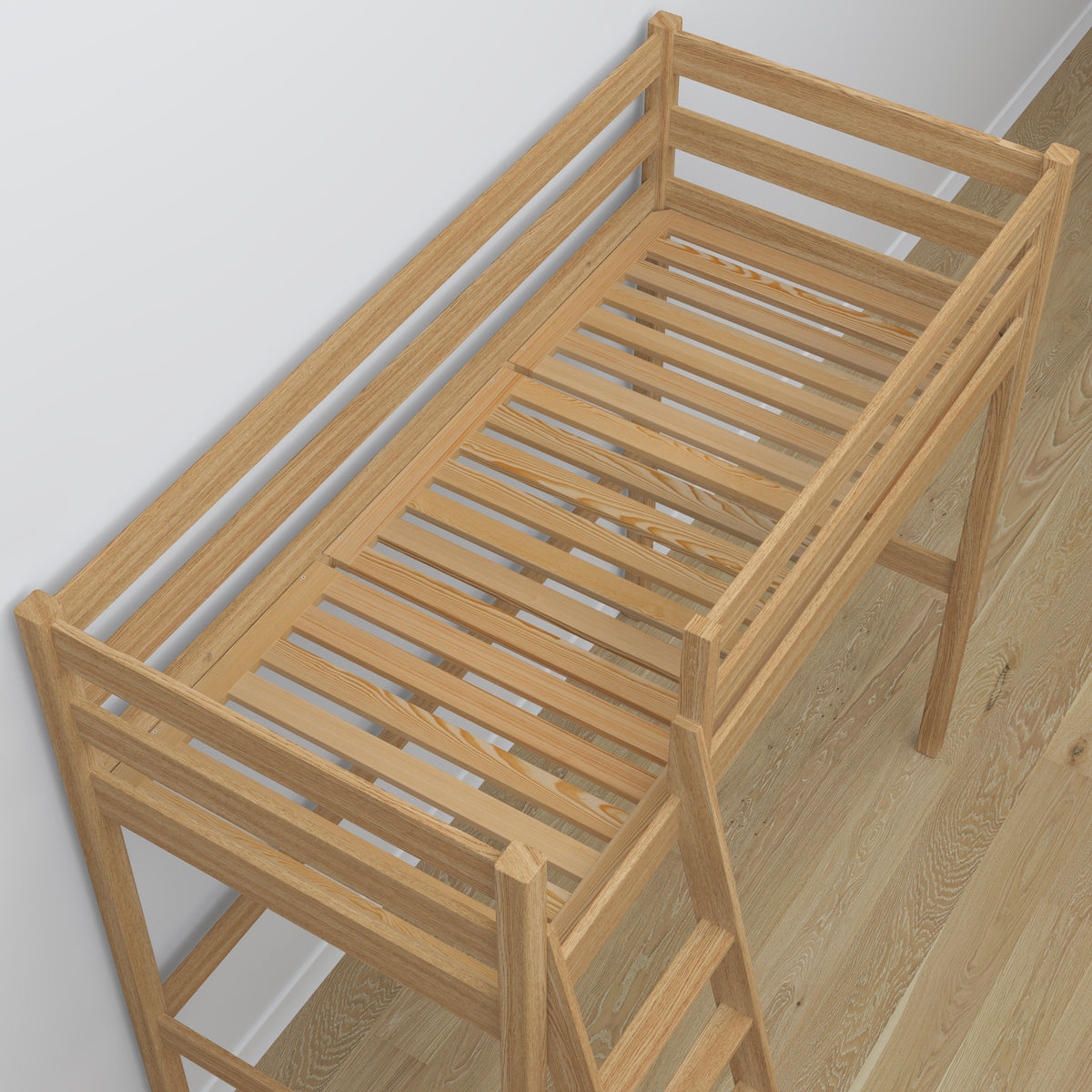 Loft bed natural oak oak – top view of the sleeping area, Nizio
