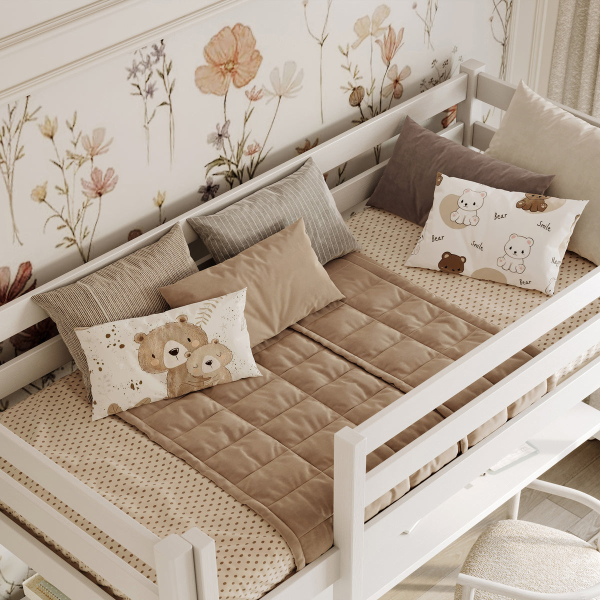 White Wooden Loft Bed with Desk – Ladder and Safety Rail