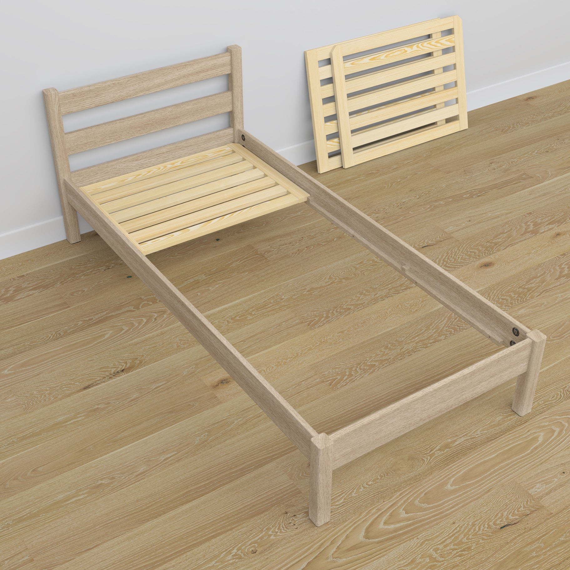 Single oak bed bleached oak – angled view, scandi children’s room