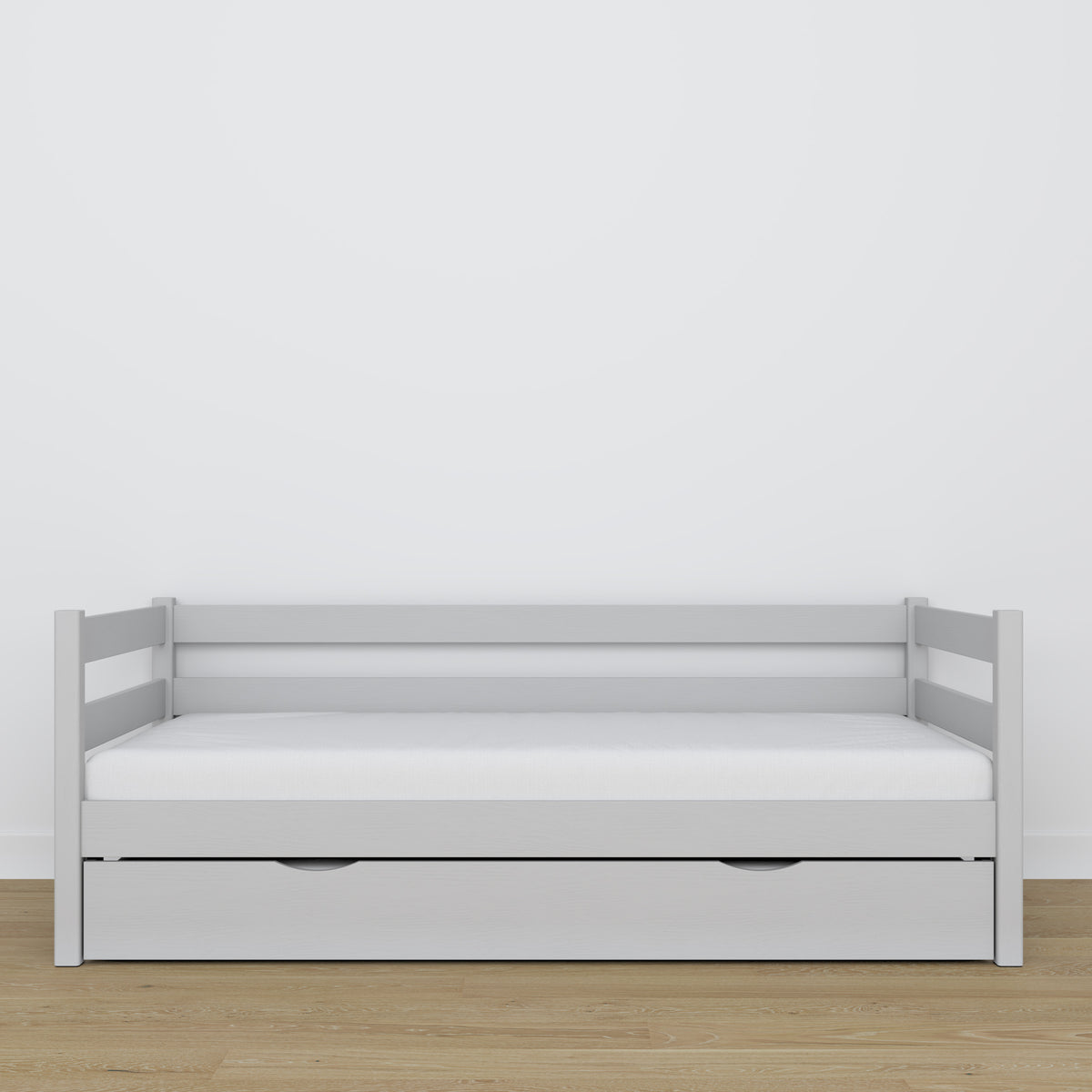 Grey sofa bed with mattress drawer made of wood – dimensions, Nizio