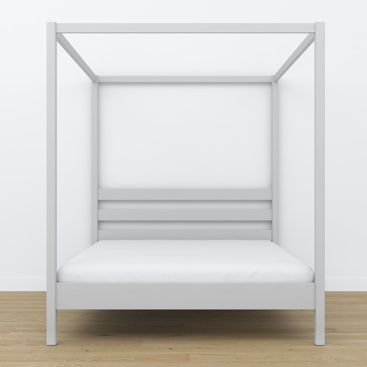 Wooden double bed with canopy grey – headboard and frame, close-up