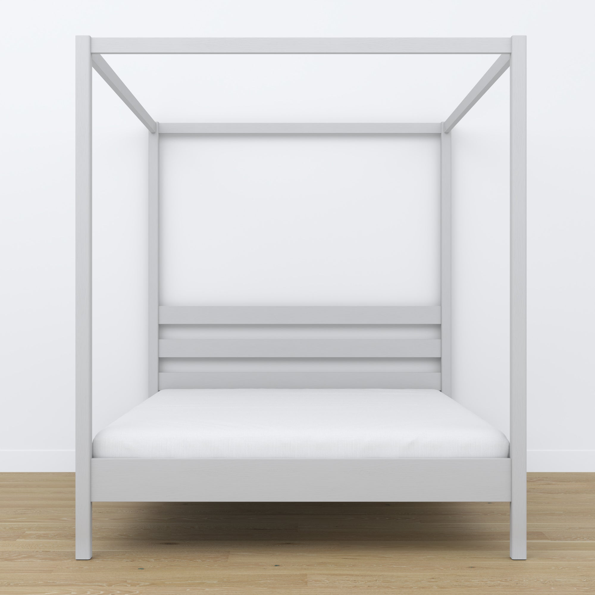 Wooden double bed with canopy grey – headboard and frame, close-up