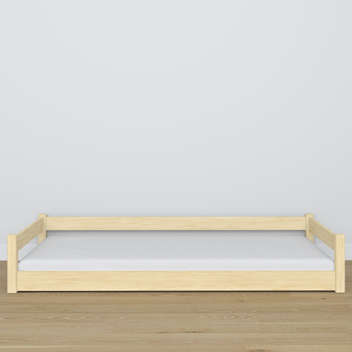Low Wooden Clear Pine Bed – Low Frame, Side View, Scandi Bedroom