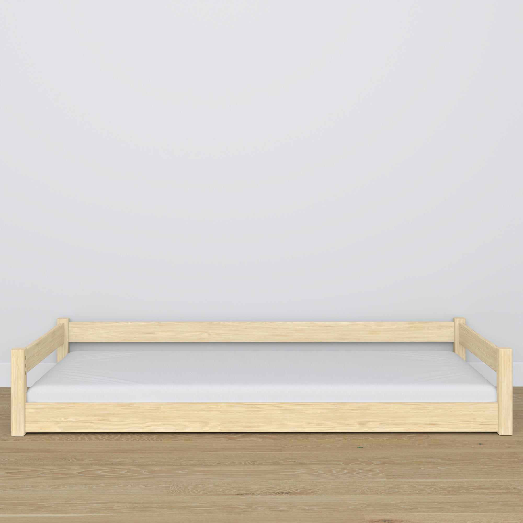 Low Wooden Clear Pine Bed – Low Frame, Side View, Scandi Bedroom
