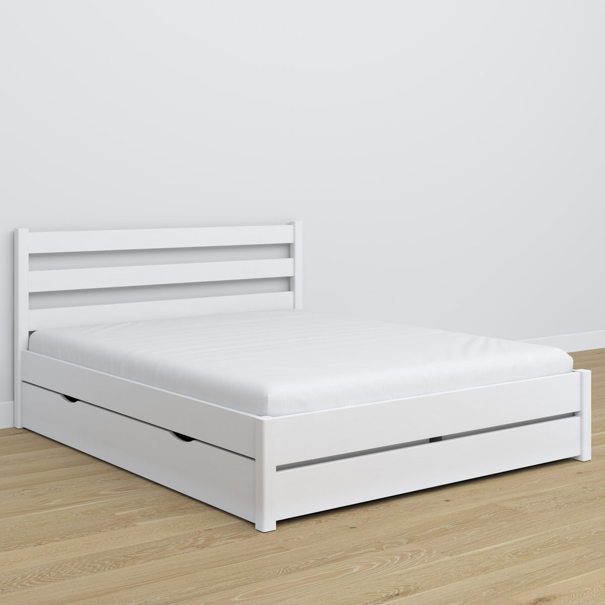 Double bed white with drawer – wooden headboard, close-up