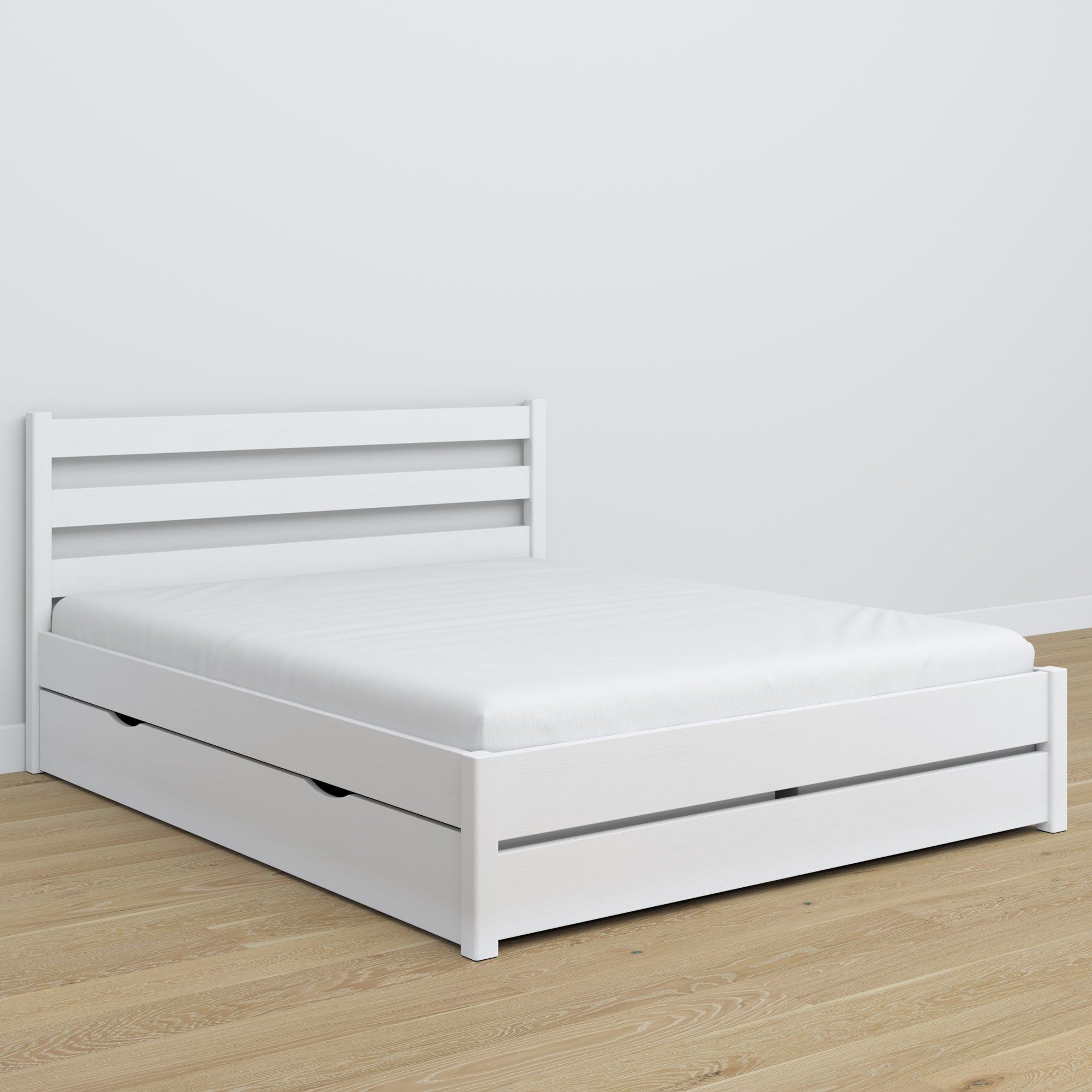 Double bed white with drawer – wooden headboard, close-up