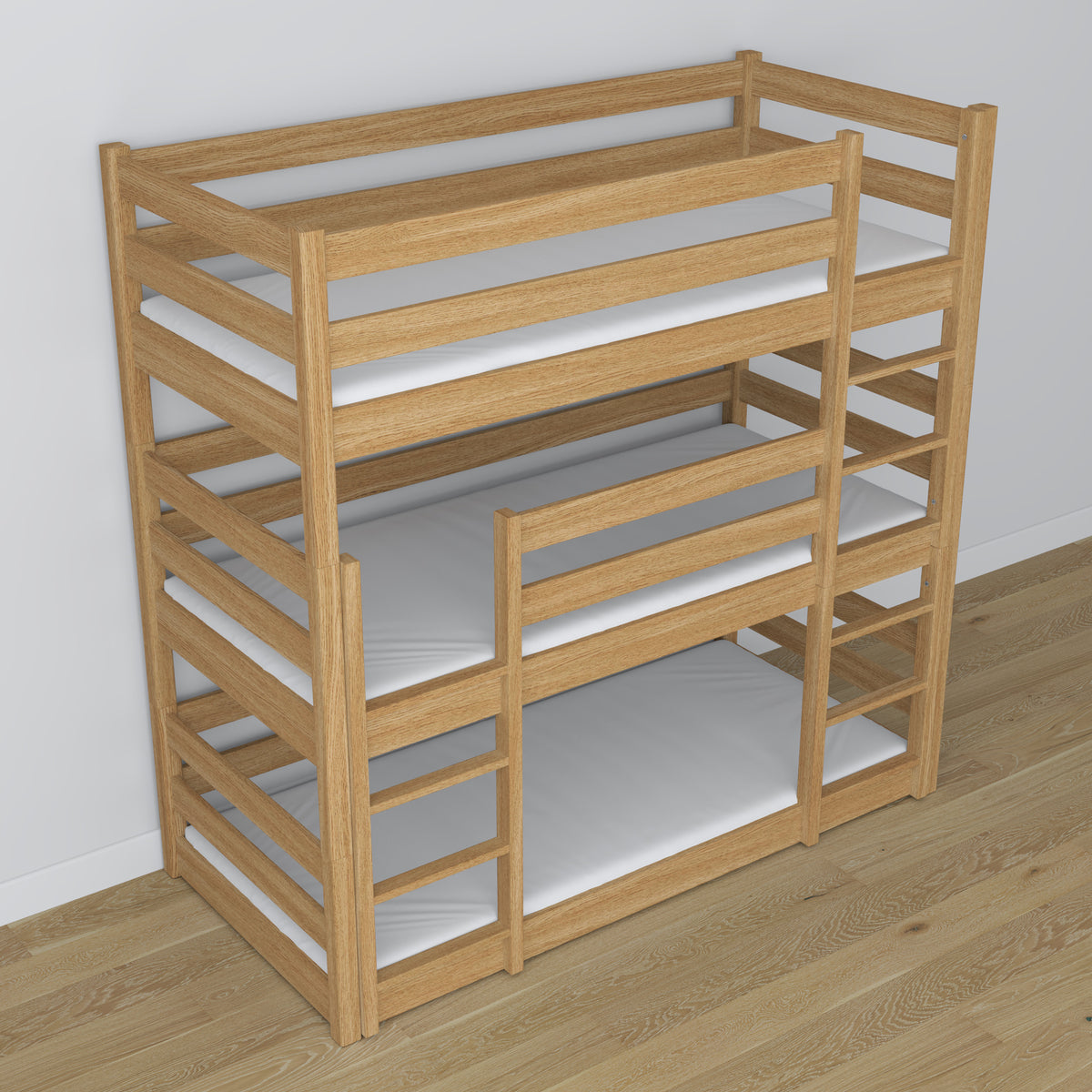 Triple bunk bed natural oak in children’s room – scandi arrangement, Nizio
