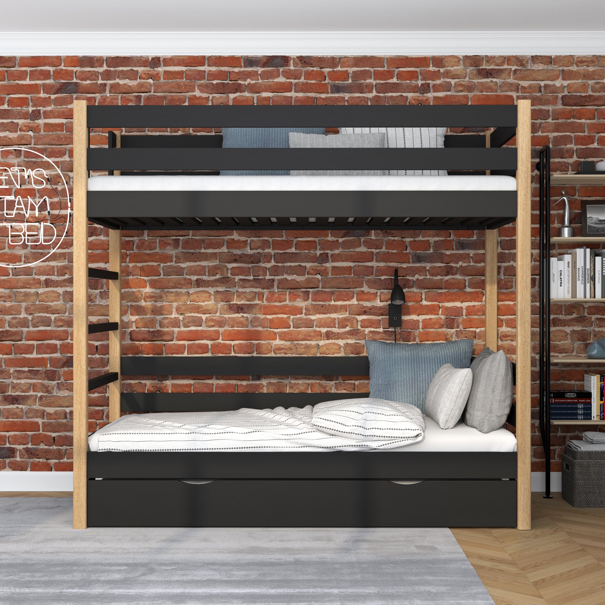 Black and Oak Bunk Bed with Mattress Drawer – Safety Rail, Wooden, Nizio Home