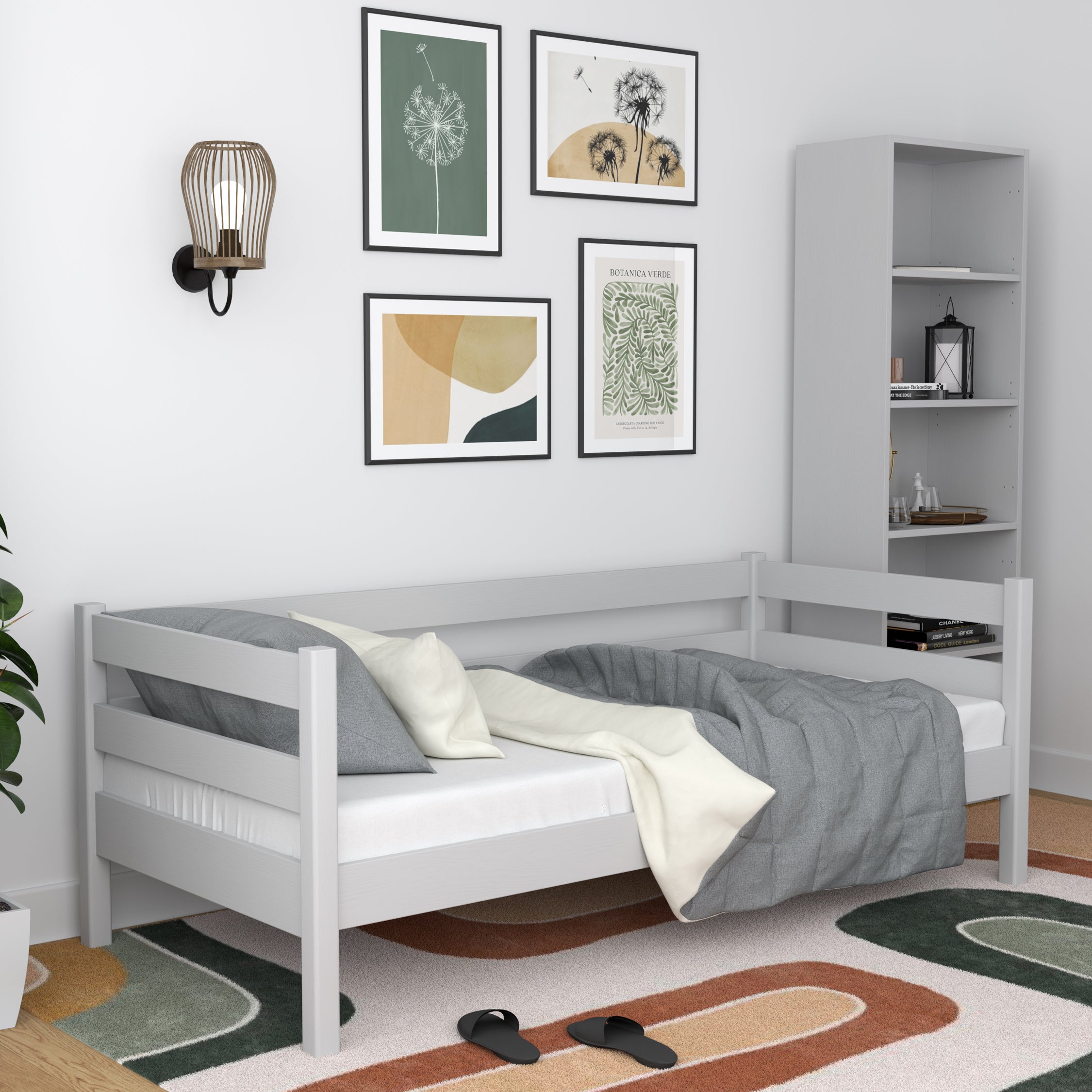 Łóżko sofa popielaty w pokoju dziecięcym – aranżacja scandi, drewniane