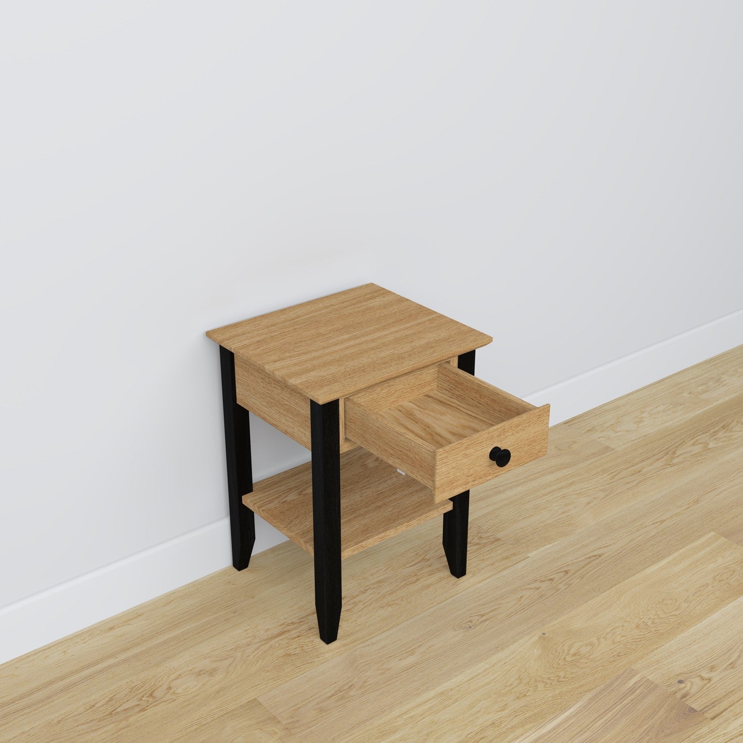 Bedside table N01 oak natural oak with black – open drawer, bedside storage compartment