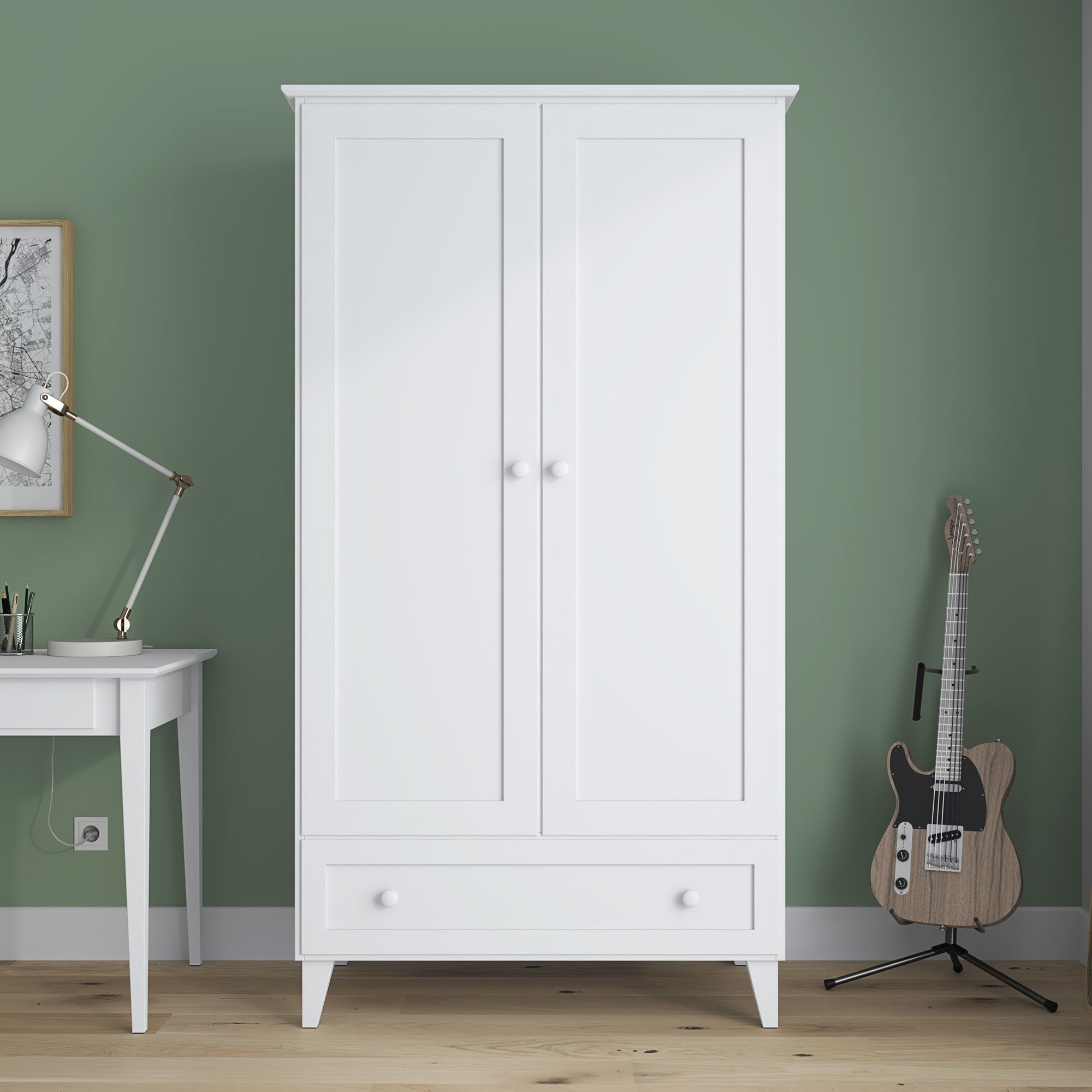 Wardrobe 2D1S white – wooden, closed doors, front view, Nizio