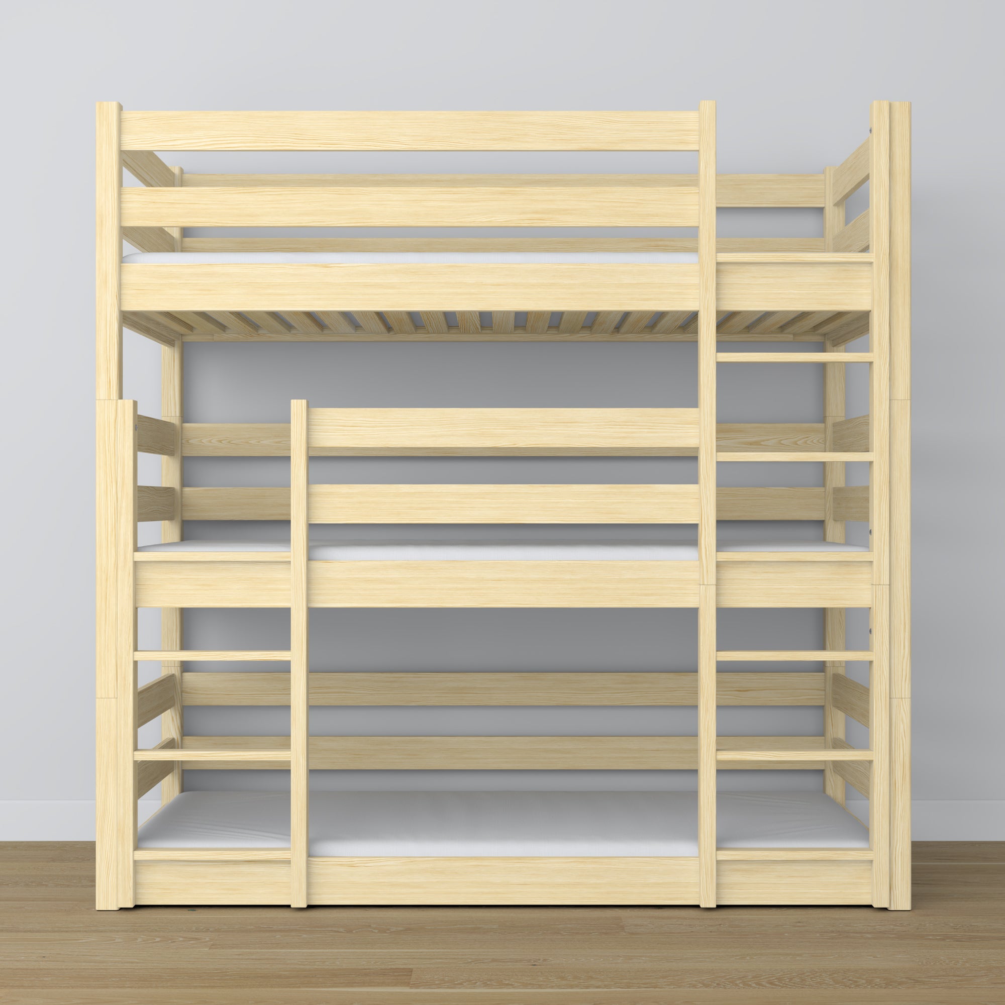 Triple bunk bed clear pine – ladder and safety rails, wooden