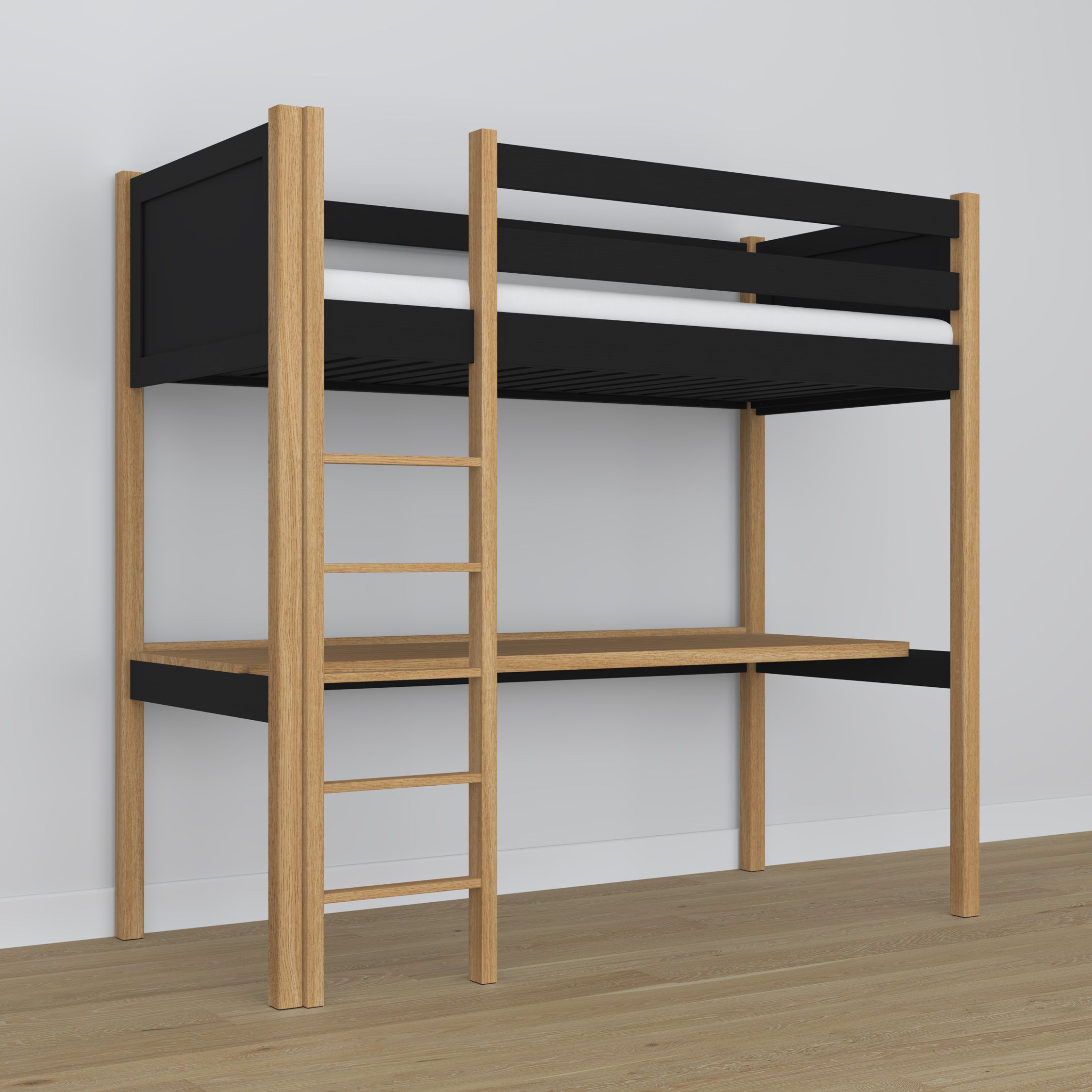 Loft bed black/oak – wooden desk under the sleeping area, scandi children’s room