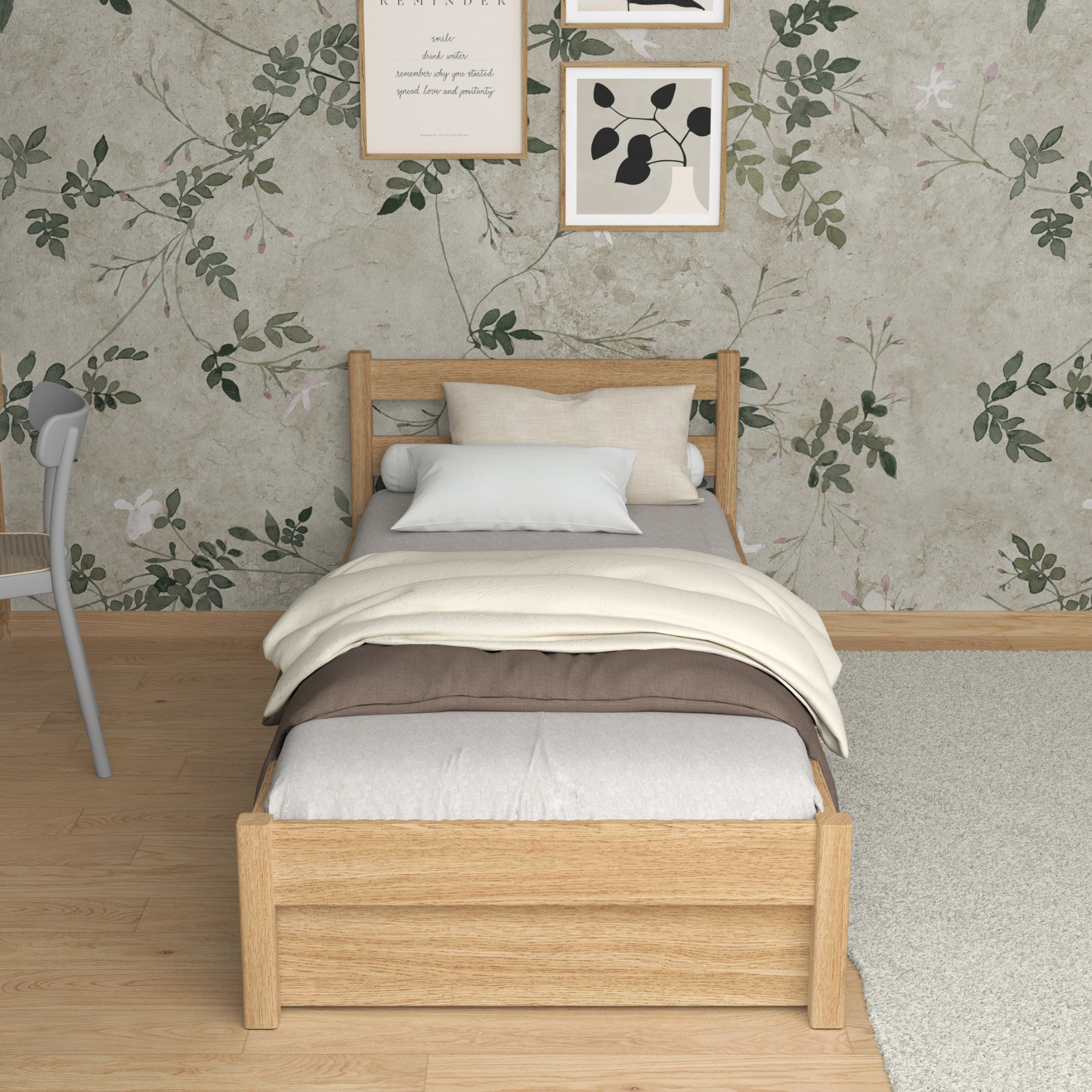 Natural Oak Bed with Drawer – Side View, Oak, Nizio Home