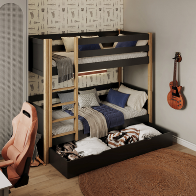 Black and Oak Wooden Bunk Bed with Drawer – Children’s Room, Solid Wood, Scandi