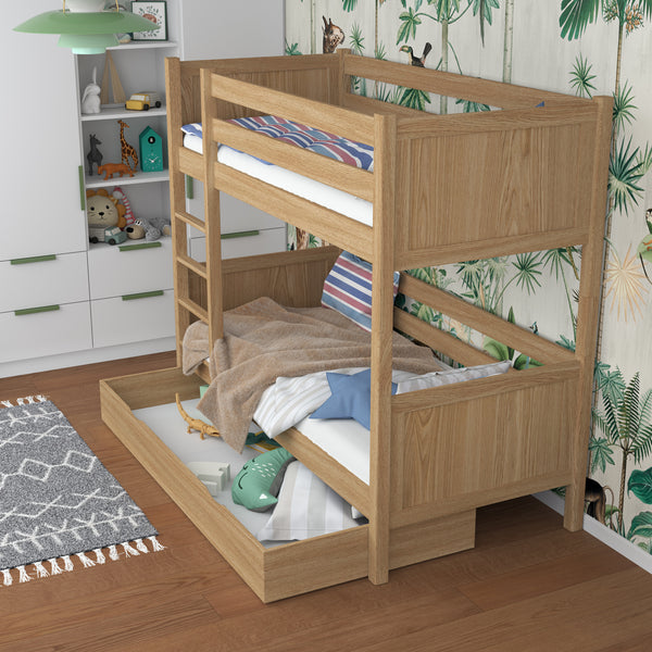 Natural Oak Bunk Bed with Drawer – Oak Safety Rail and Ladder, Nizio