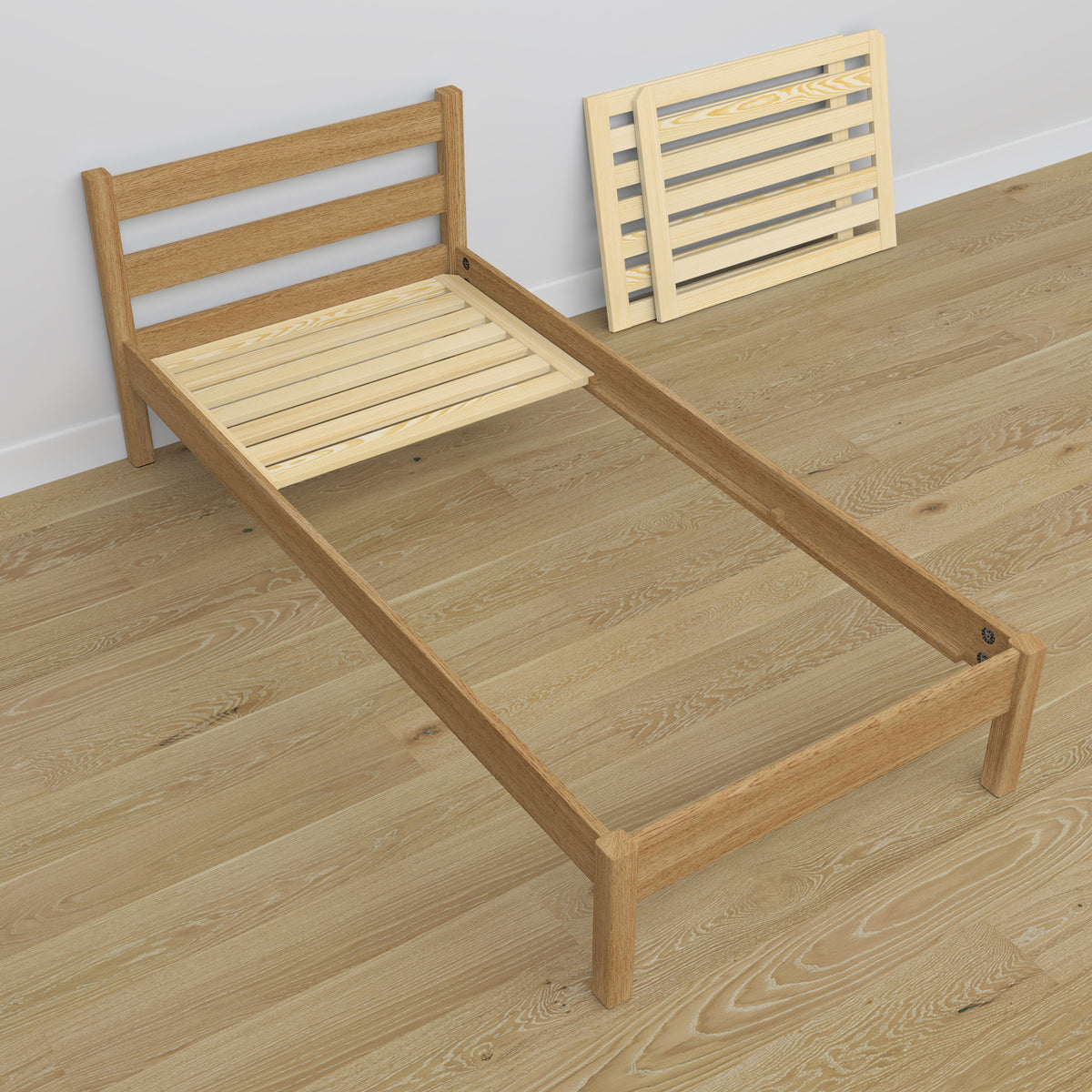 Single oak bed natural oak – angled view, scandi children’s room