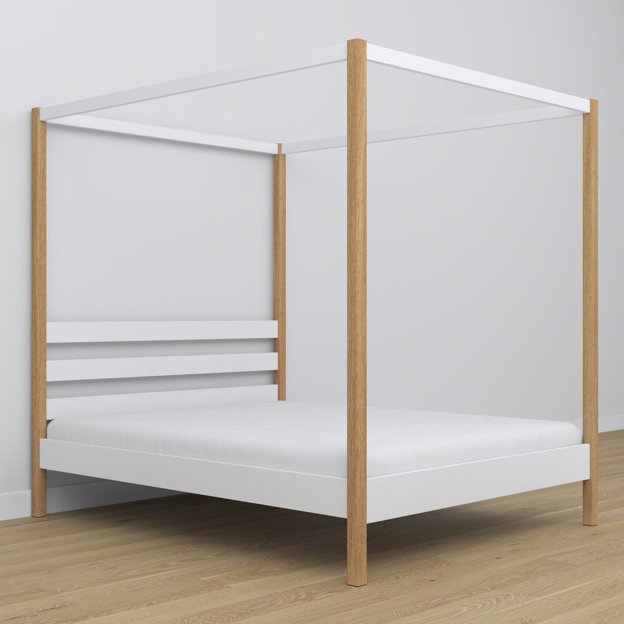 Double bed white and oak with canopy – decorative wooden frame, scandi