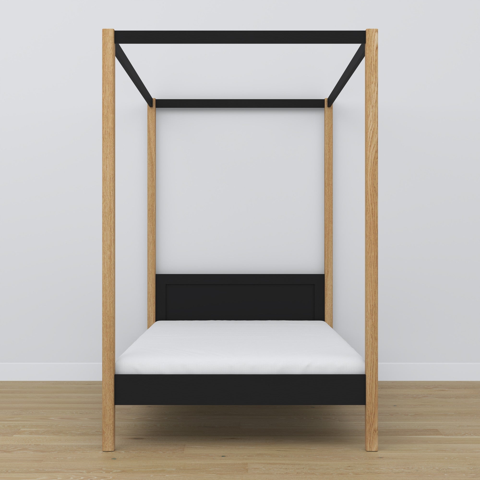 Wooden black-oak canopy bed – close-up of canopy and headboard