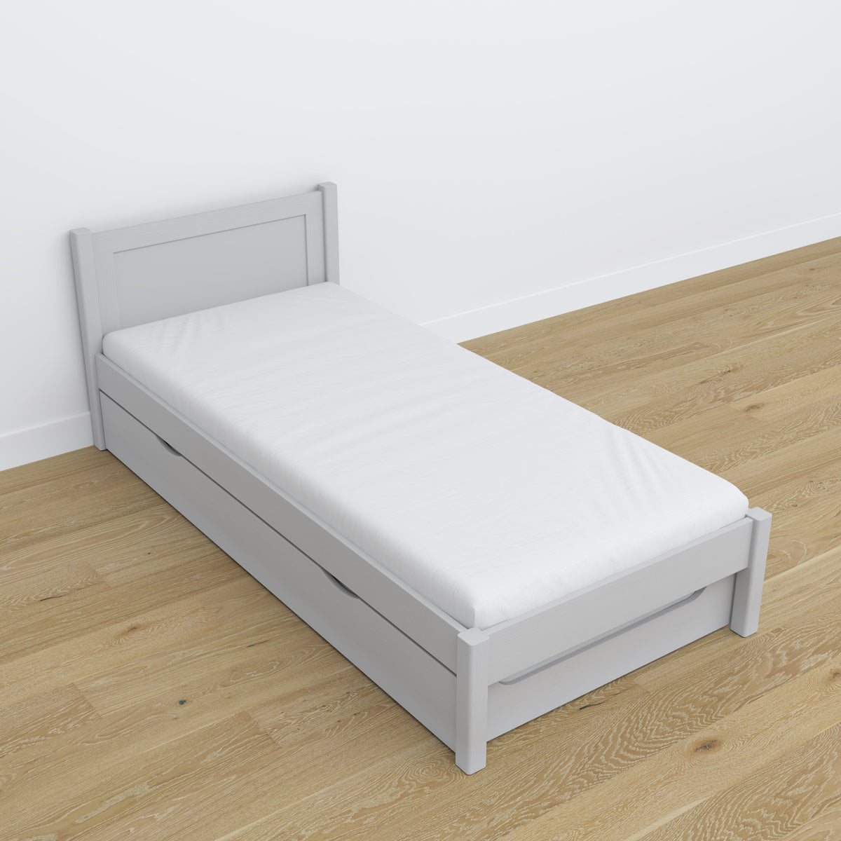 Bed with mattress drawer grey made of wood – dimensions, Nizio