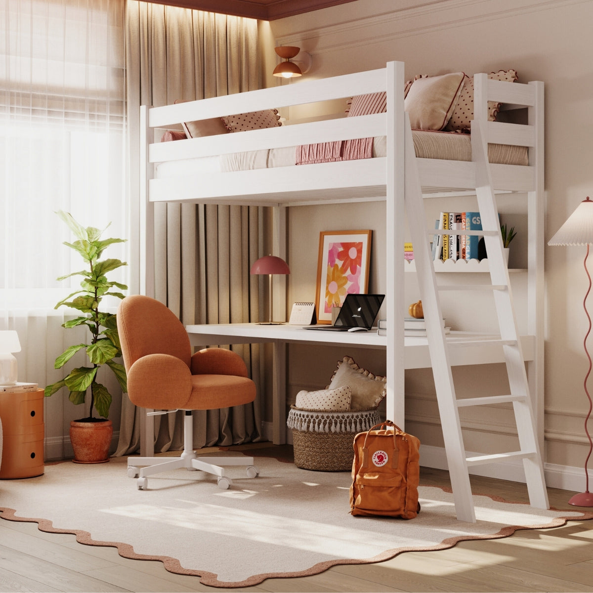 White Wooden Loft Bed with Desk – Ladder and Safety Rail