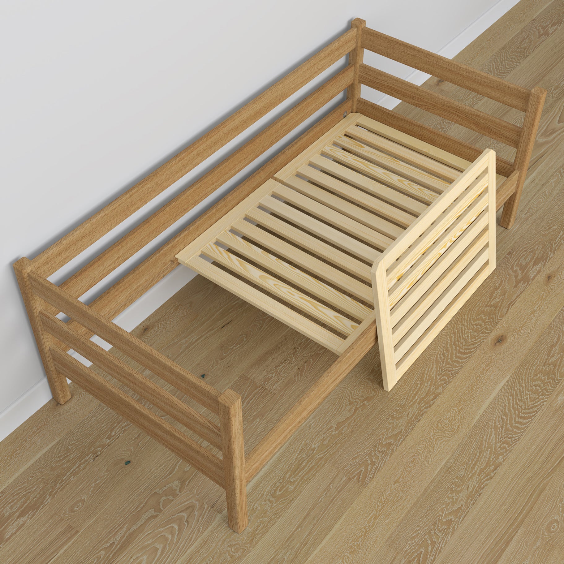 Łóżko sofa dębowe dąb naturalny – widok od wezgłowia, pokój dziecięcy