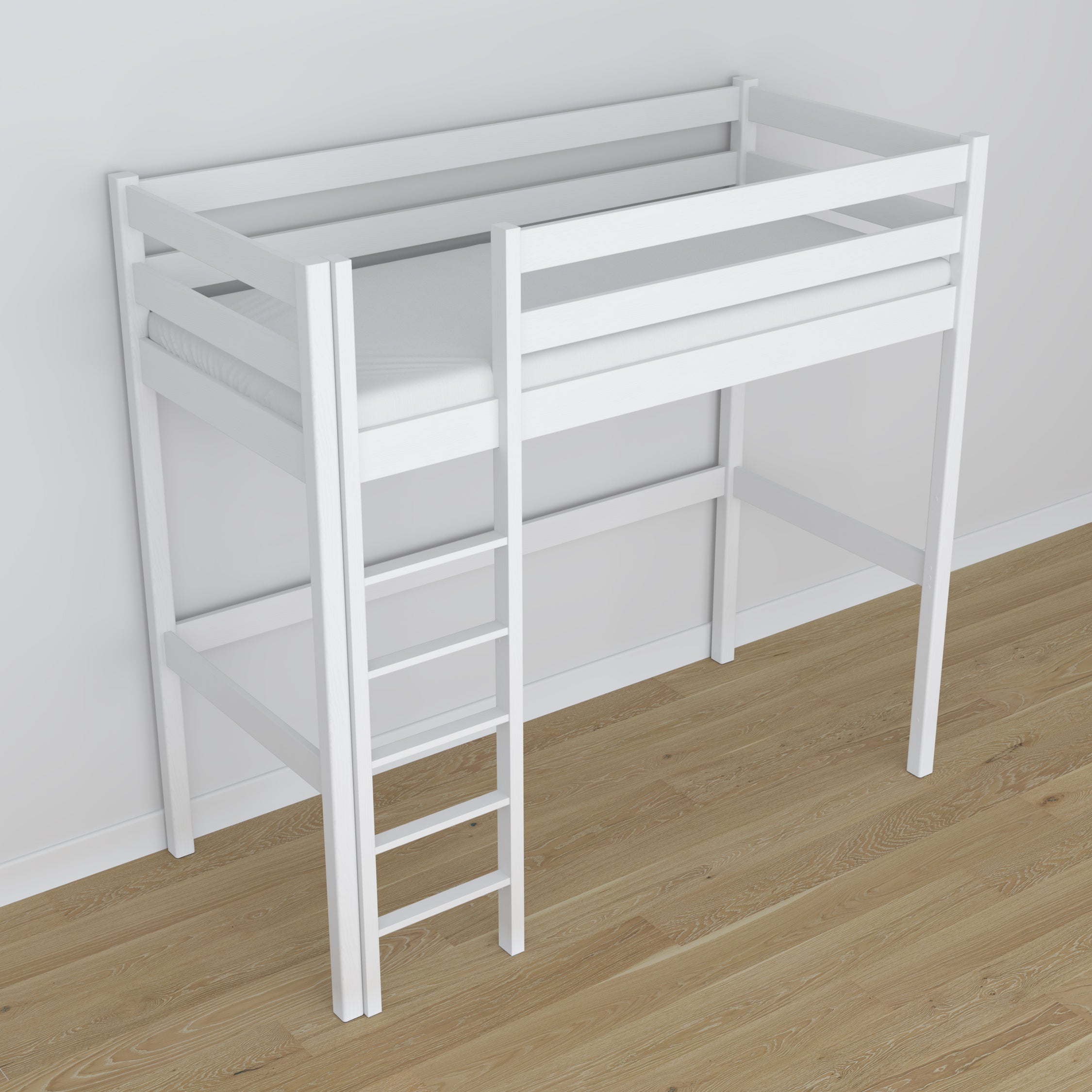 Loft bed white in children’s room – scandi arrangement, wooden