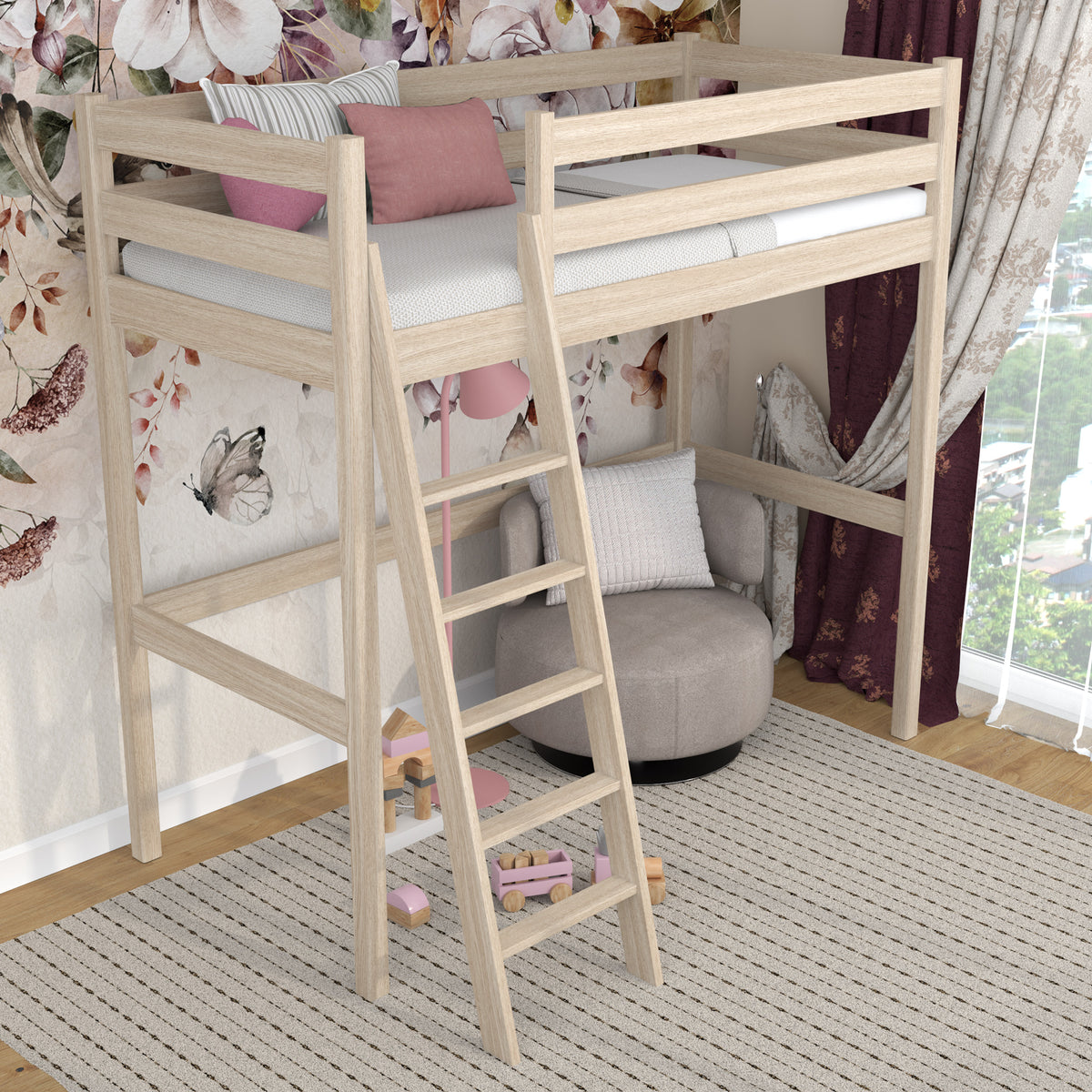 Loft bed bleached oak in children’s room – scandi arrangement, oak