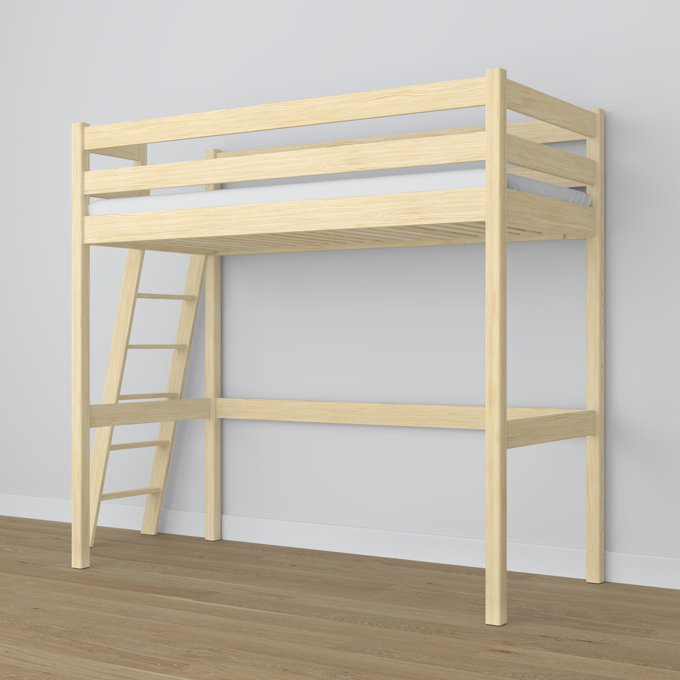 Loft bed clear pine in children’s room – scandi arrangement, wooden