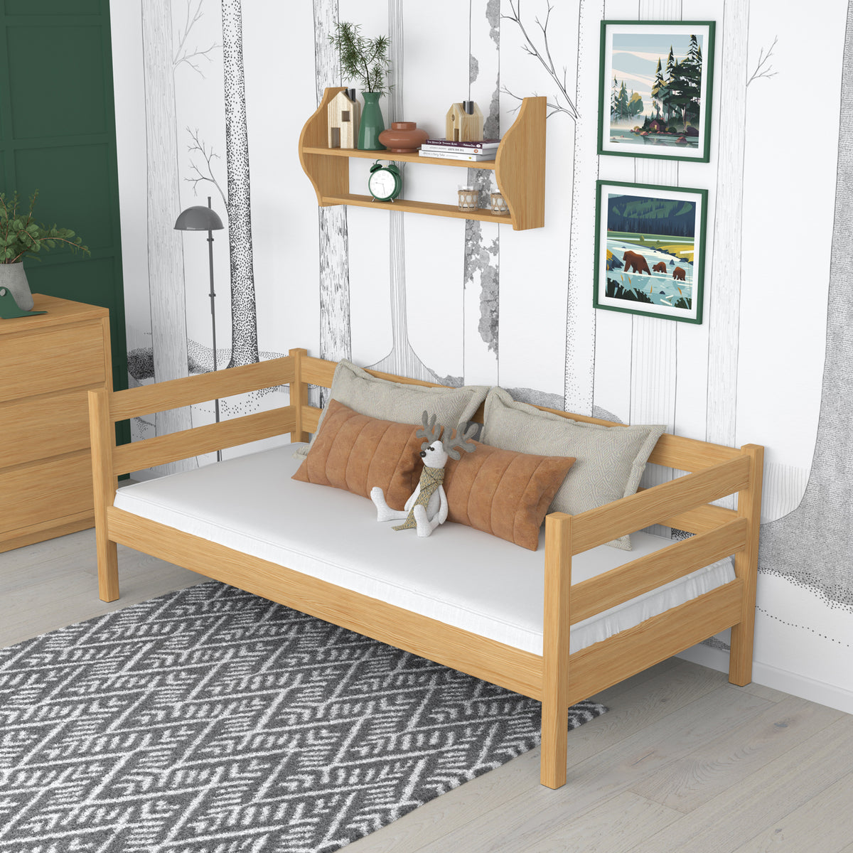 Łóżko sofa sosna naturalna w pokoju dziecięcym – aranżacja scandi, drewniane