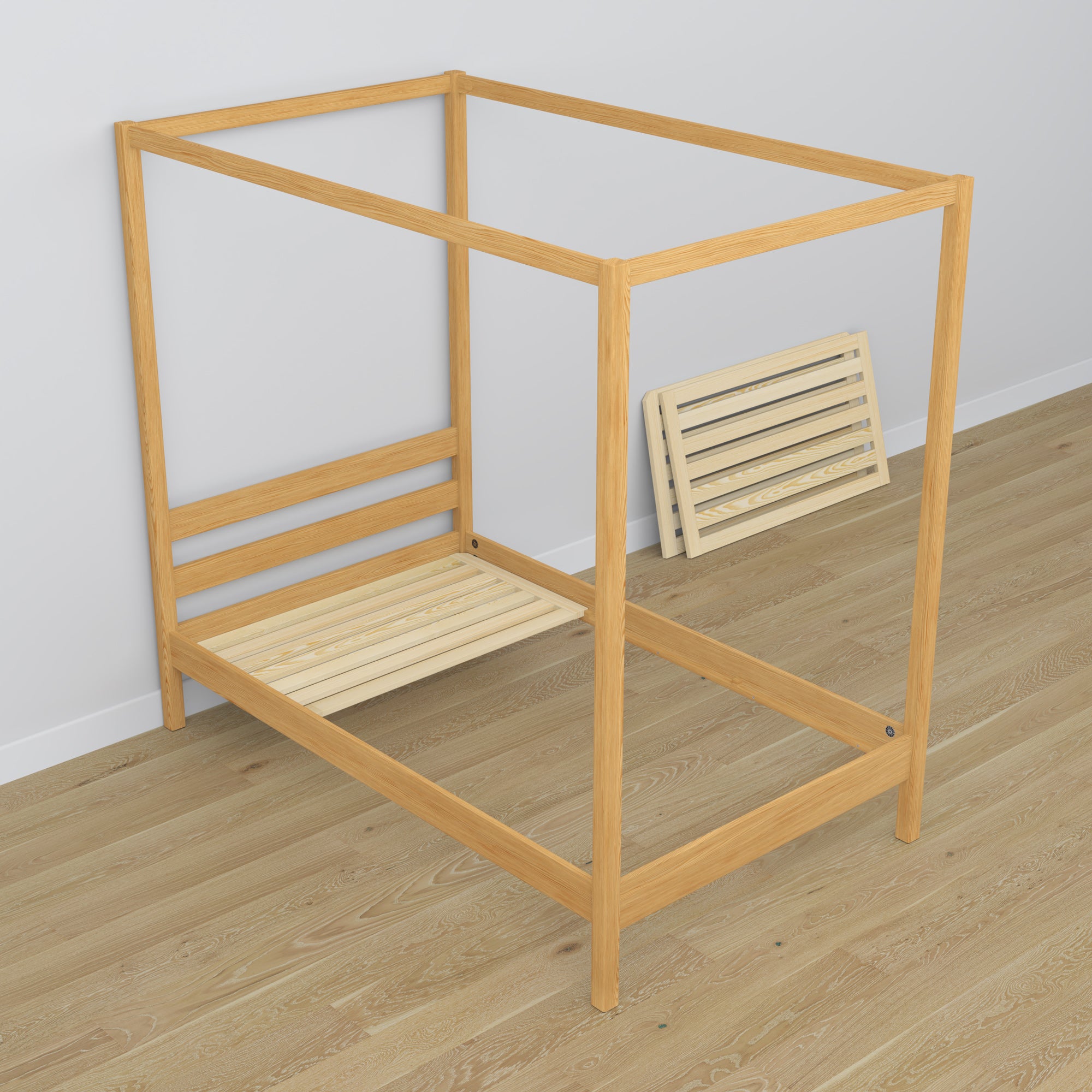 Canopy bed with drawer natural pine made of wood – dimensions, Nizio