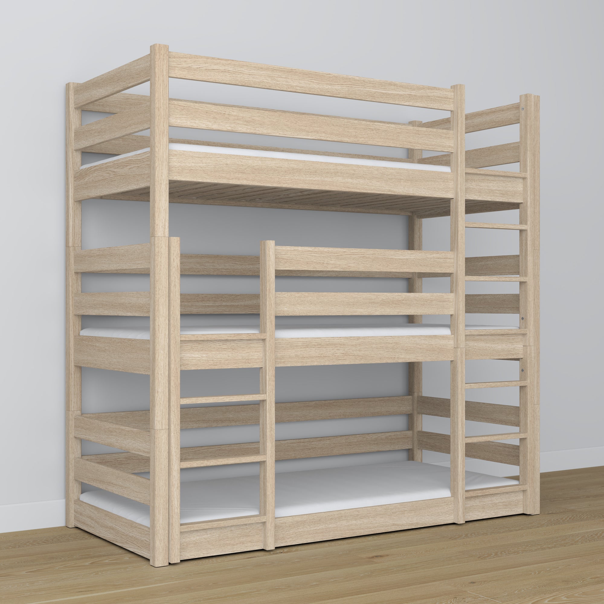 Triple bunk bed wooden bleached oak – maximum use of room space