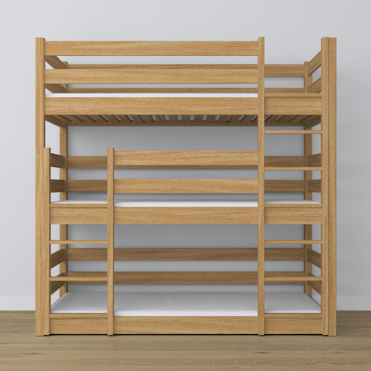Triple bunk bed natural oak – ladder and safety rails, wooden