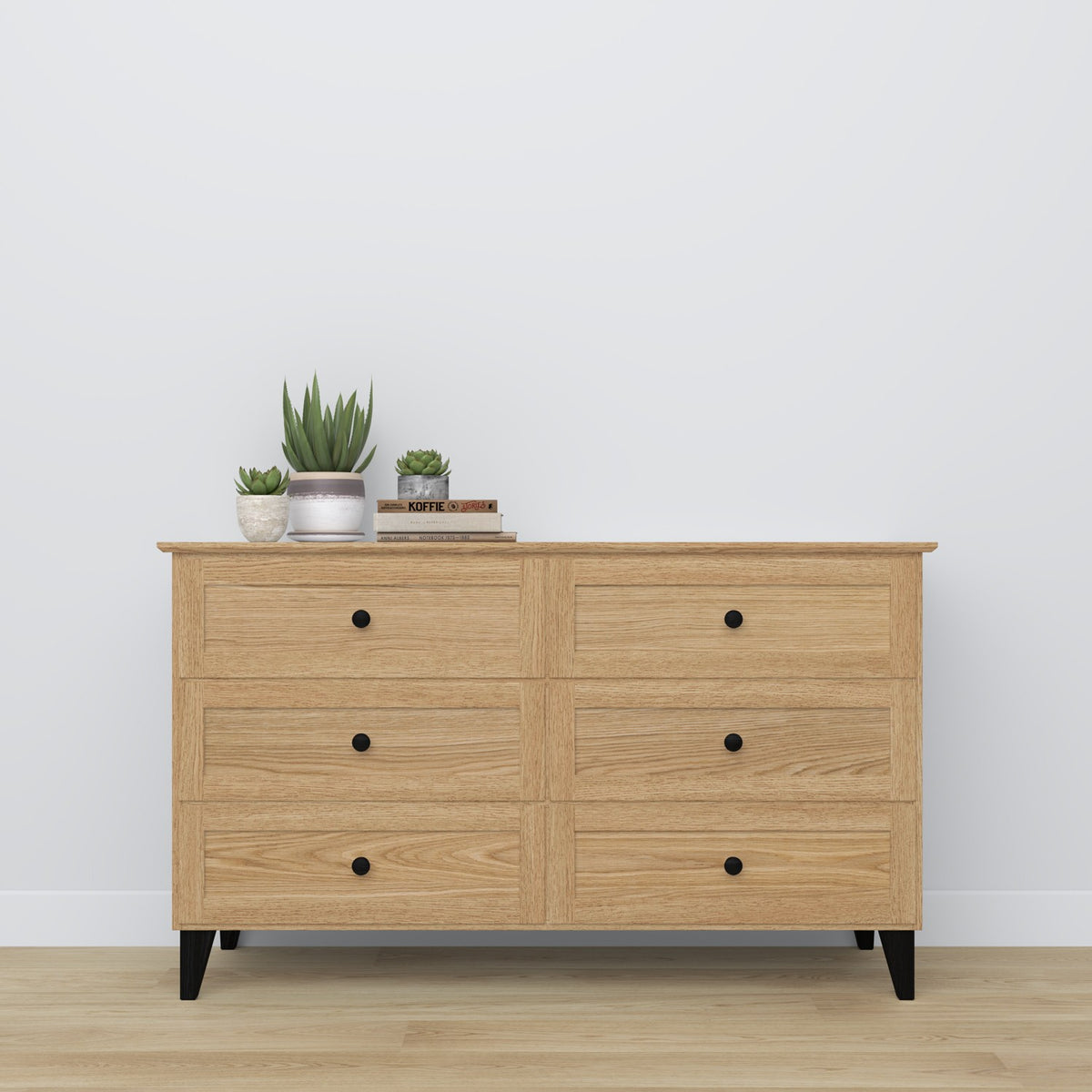 Chest of drawers 6S natural oak with black oak wood – side view, depth and profile