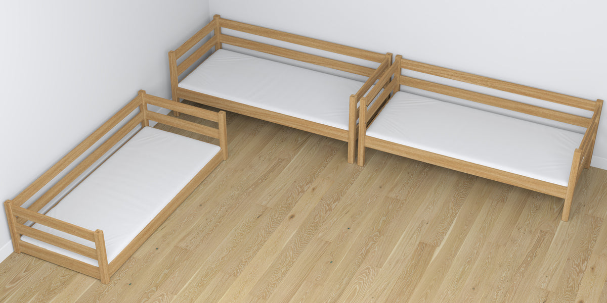 Triple bunk bed wooden natural oak – close-up of joints and construction details