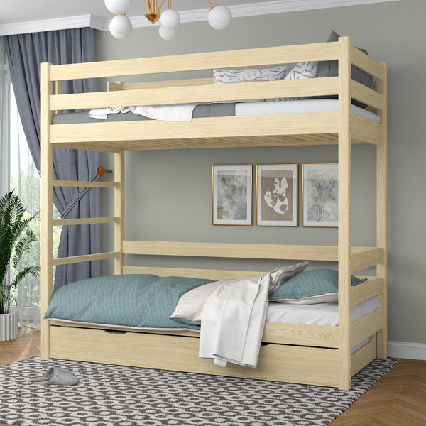 Clear Pine Bunk Bed with Mattress Drawer – Safety Rail, Wooden, Nizio Home
