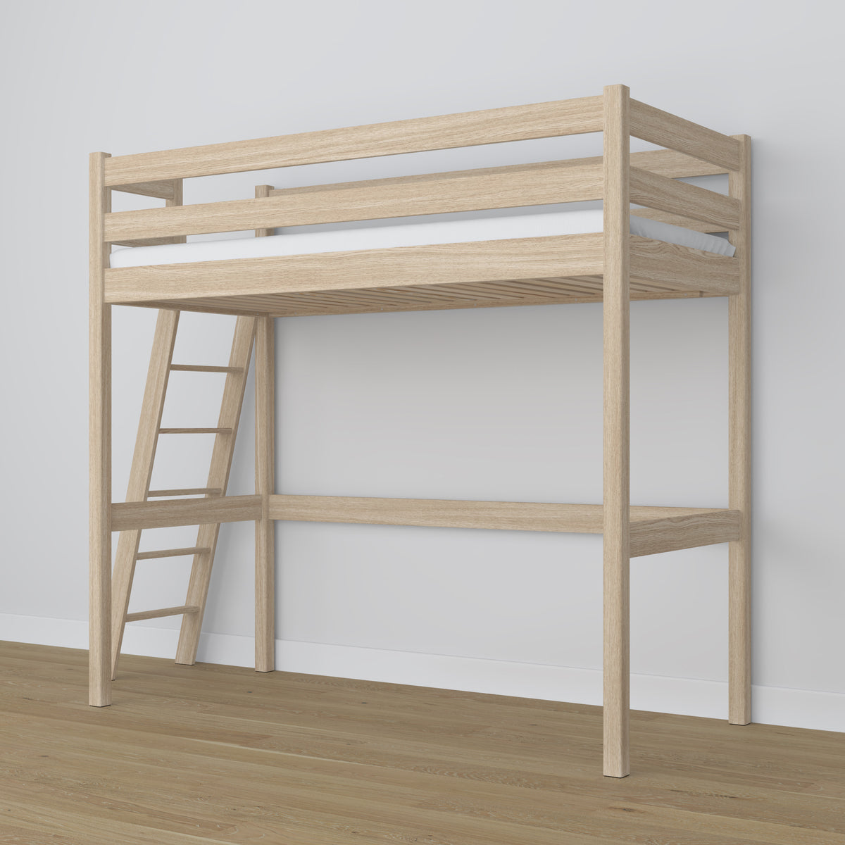 Bleached Oak Loft Bed – Free Space Under the Sleeping Area, Nizio
