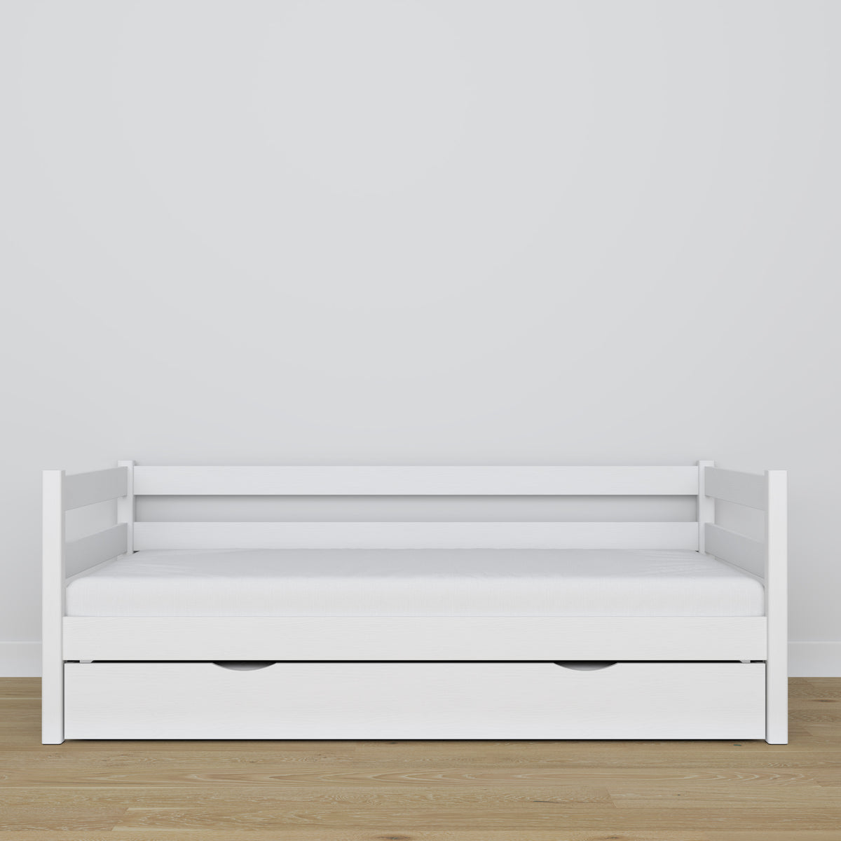 White sofa bed with mattress drawer made of wood – dimensions, Nizio
