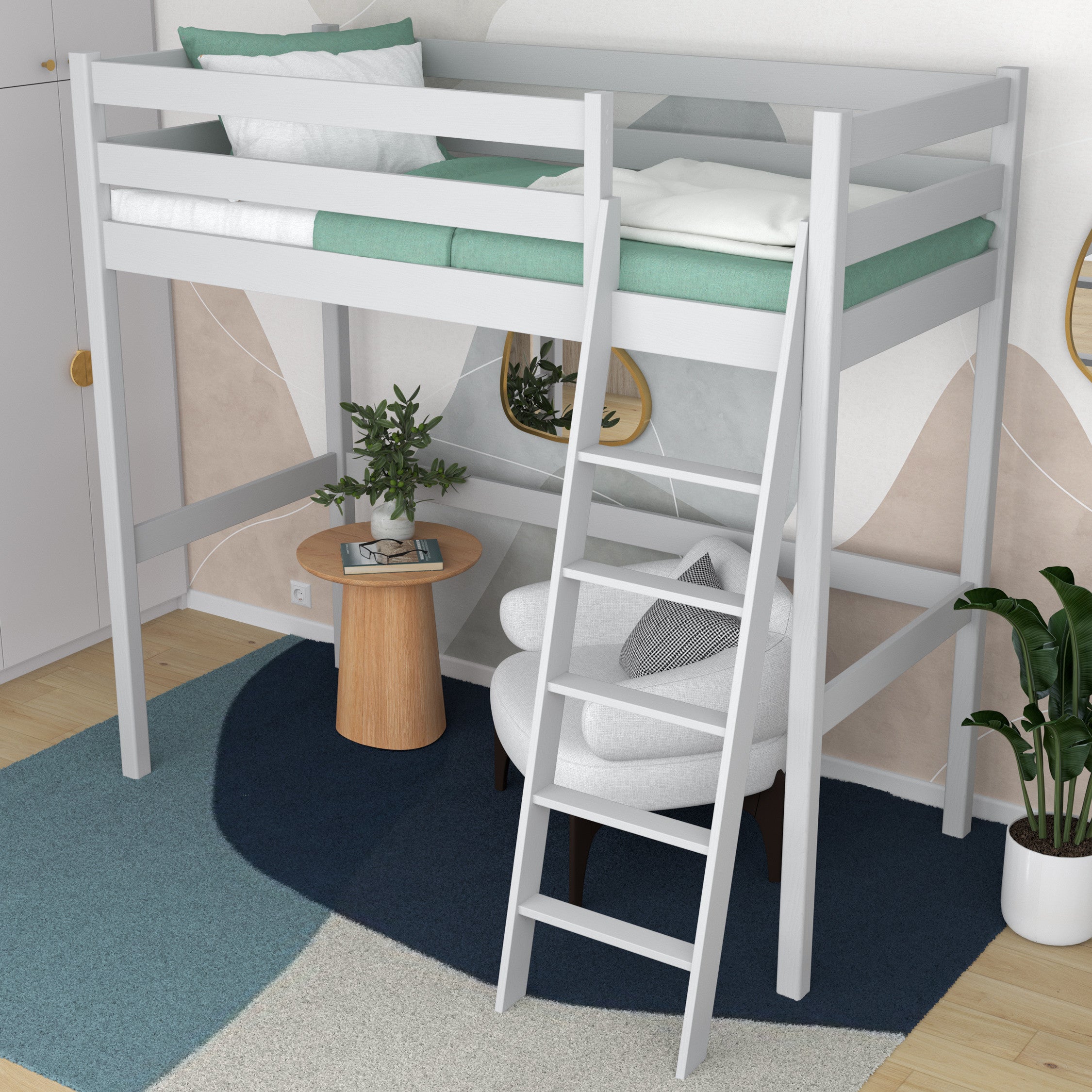 Loft bed grey in children’s room – scandi arrangement, wooden