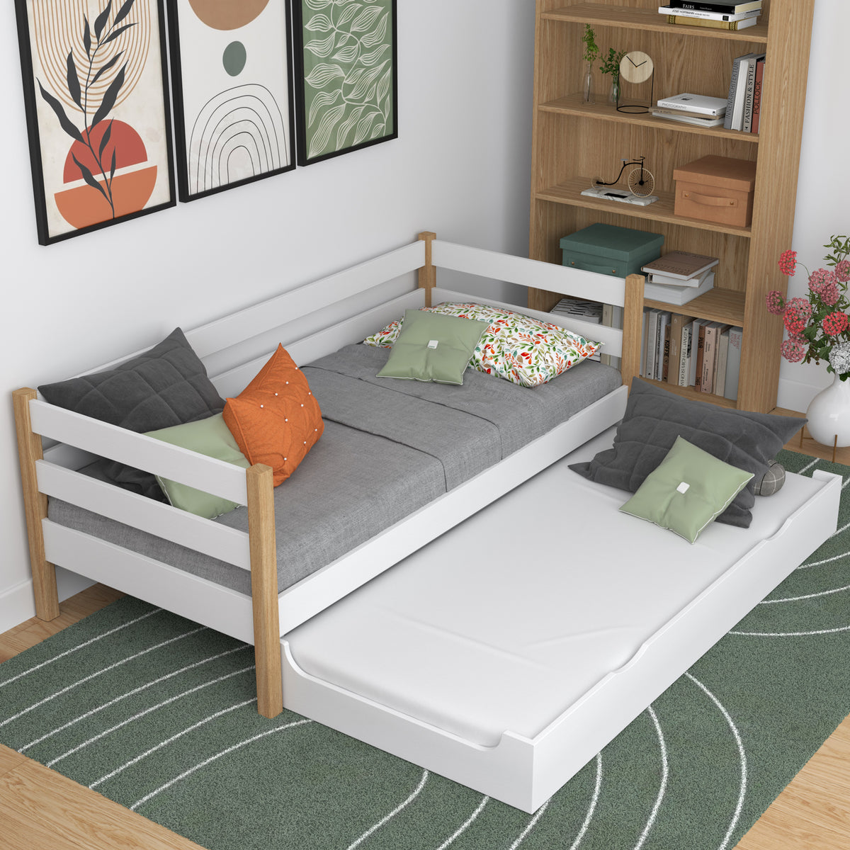 Sofa bed wooden white-oak – mattress drawer pulled out, for guests