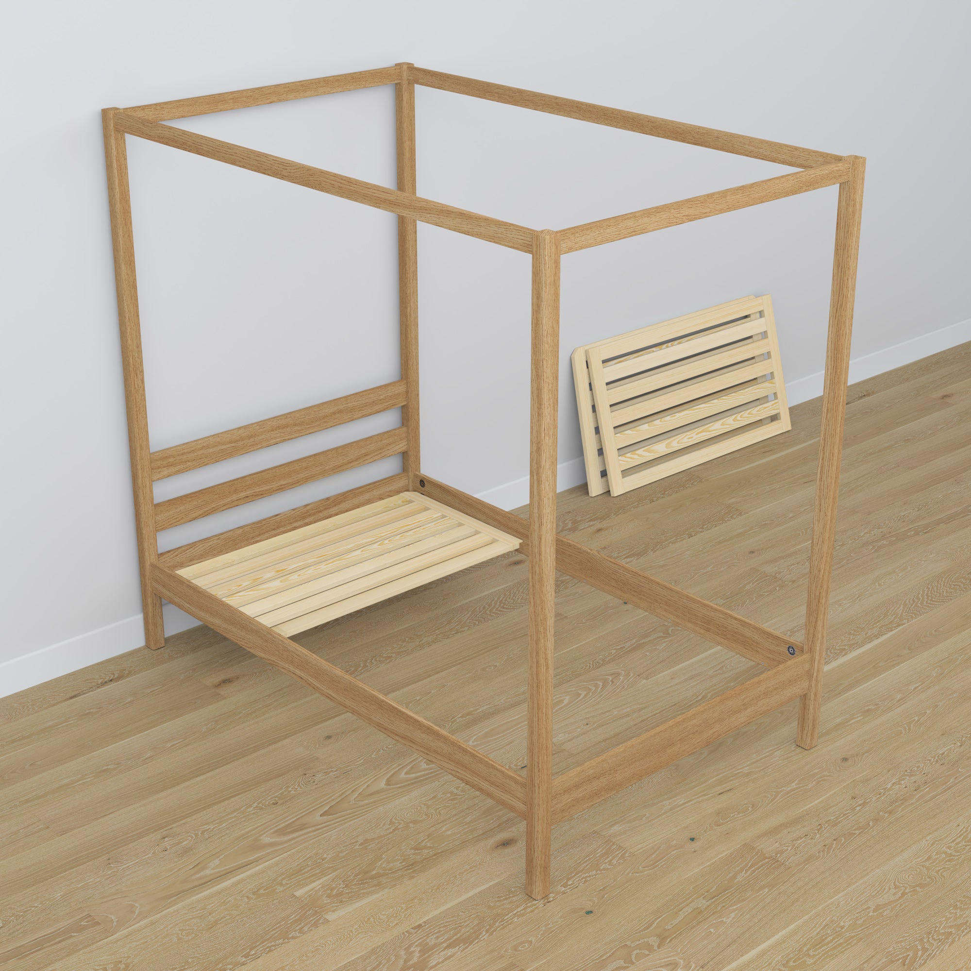 Oak canopy bed natural oak – scandi child’s room arrangement