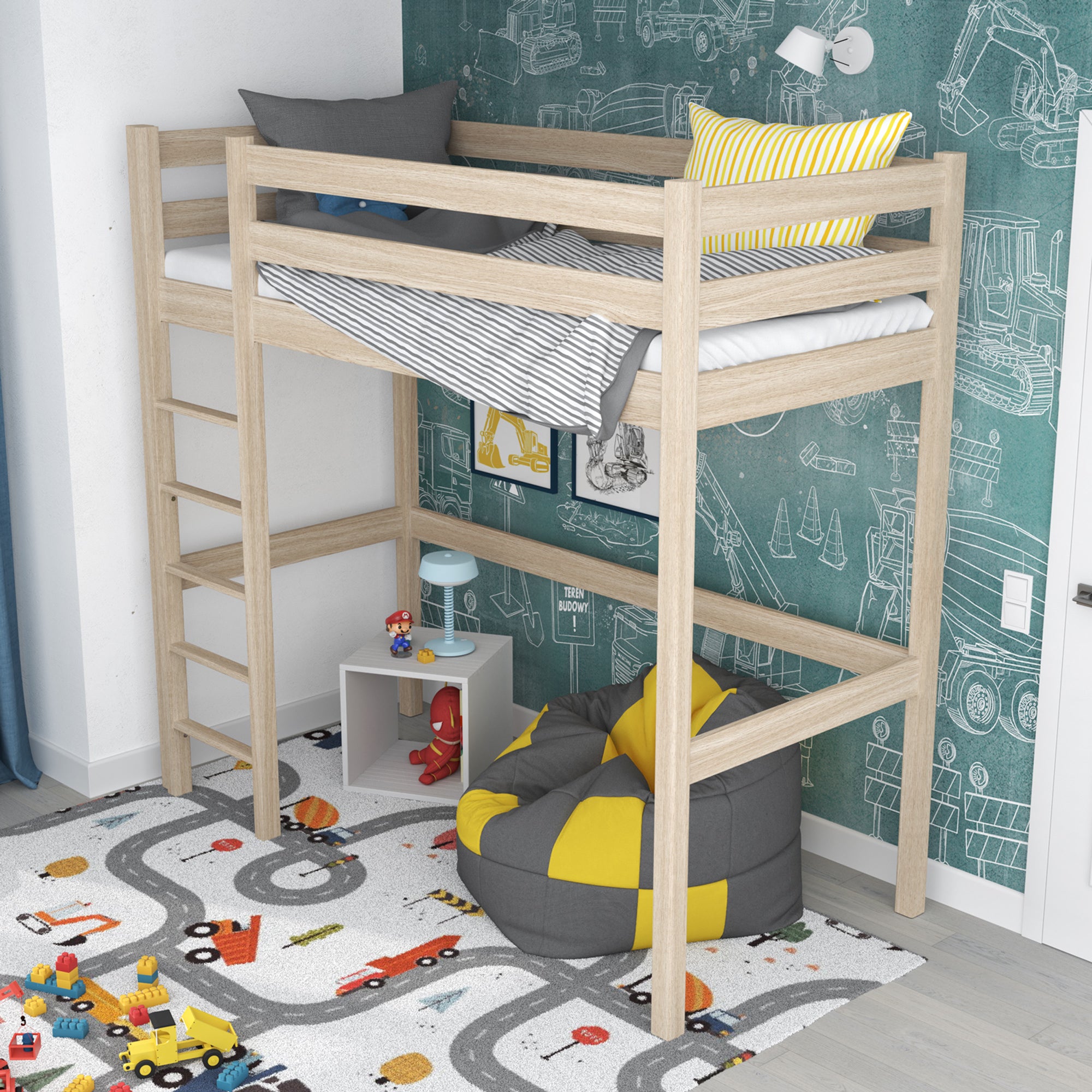 Loft bed bleached oak in children’s room – scandi arrangement, oak