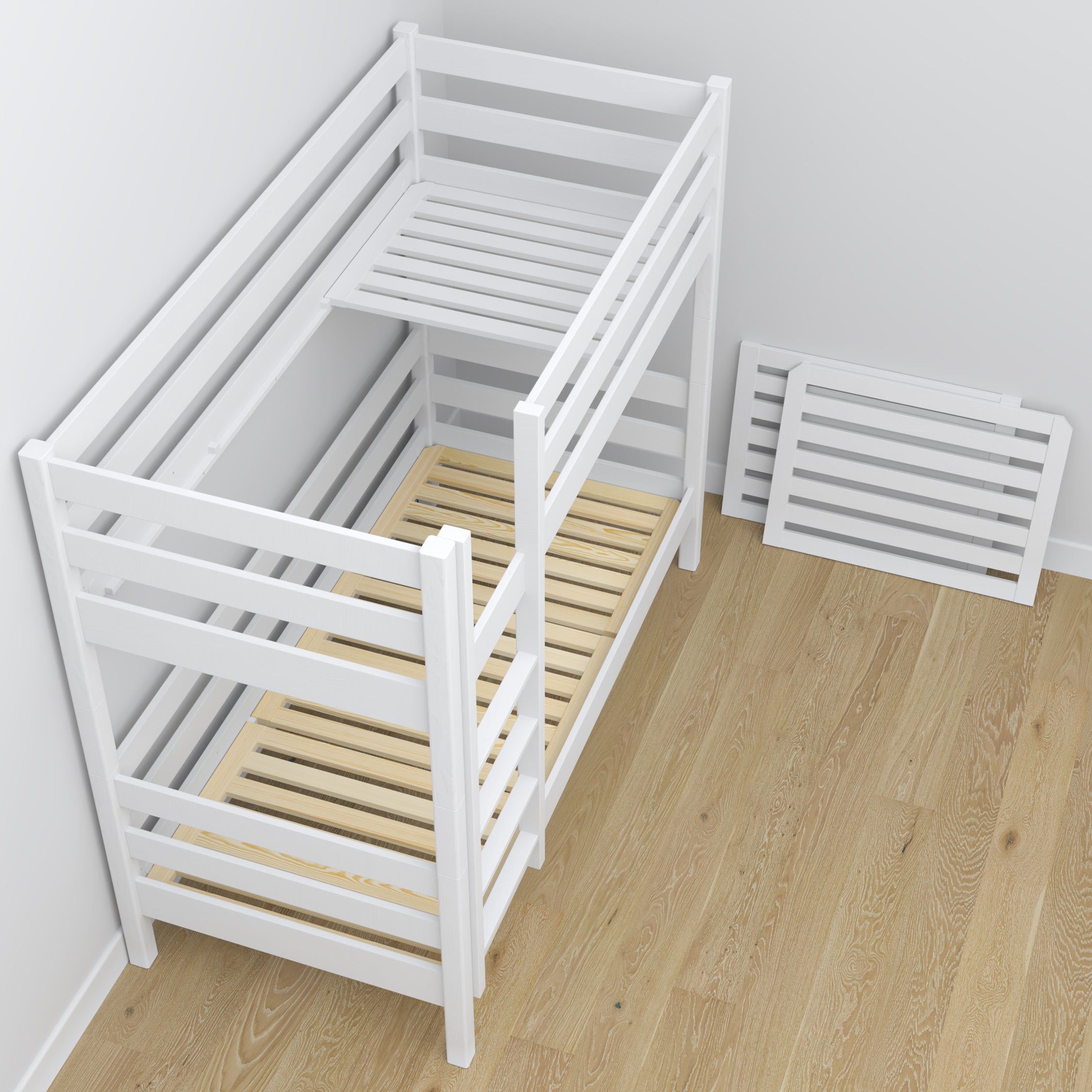 White Wooden Bunk Bed with Drawer – Scandinavian Design, Nizio
