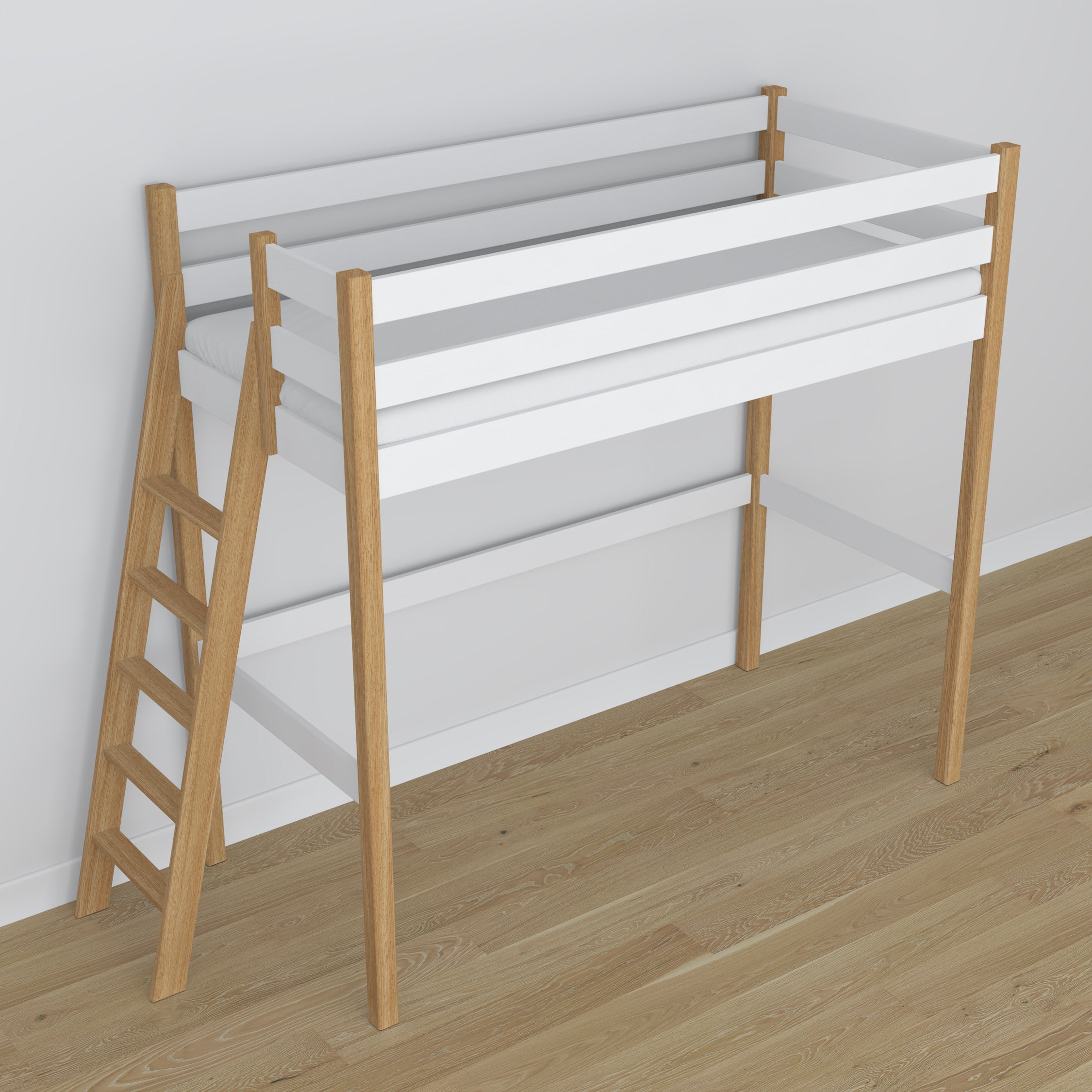 White and Oak Wooden Loft Bed – Ladder and Joint Details, Nizio Home