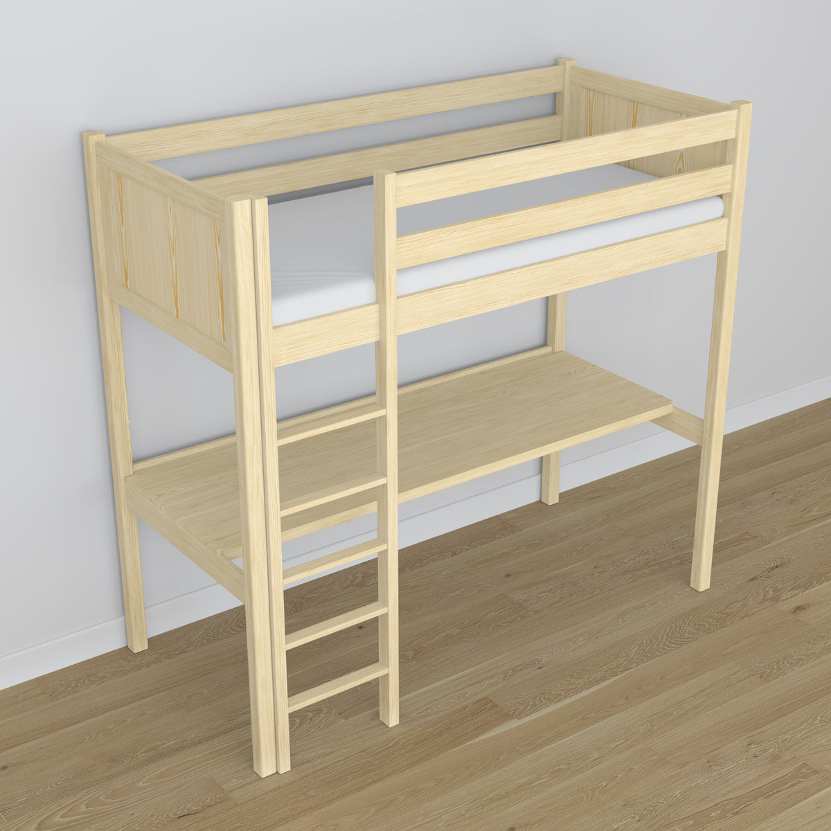 Loft bed clear pine wooden – top view of the sleeping area, Nizio