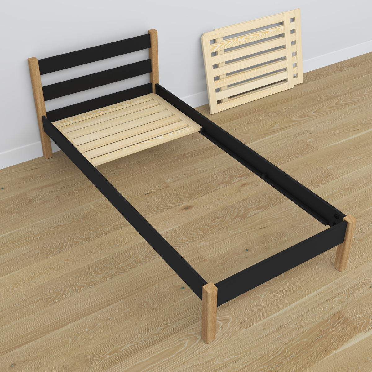 Black and Oak Bed with Drawer – Fully Wooden, Scandi, Nizio Home