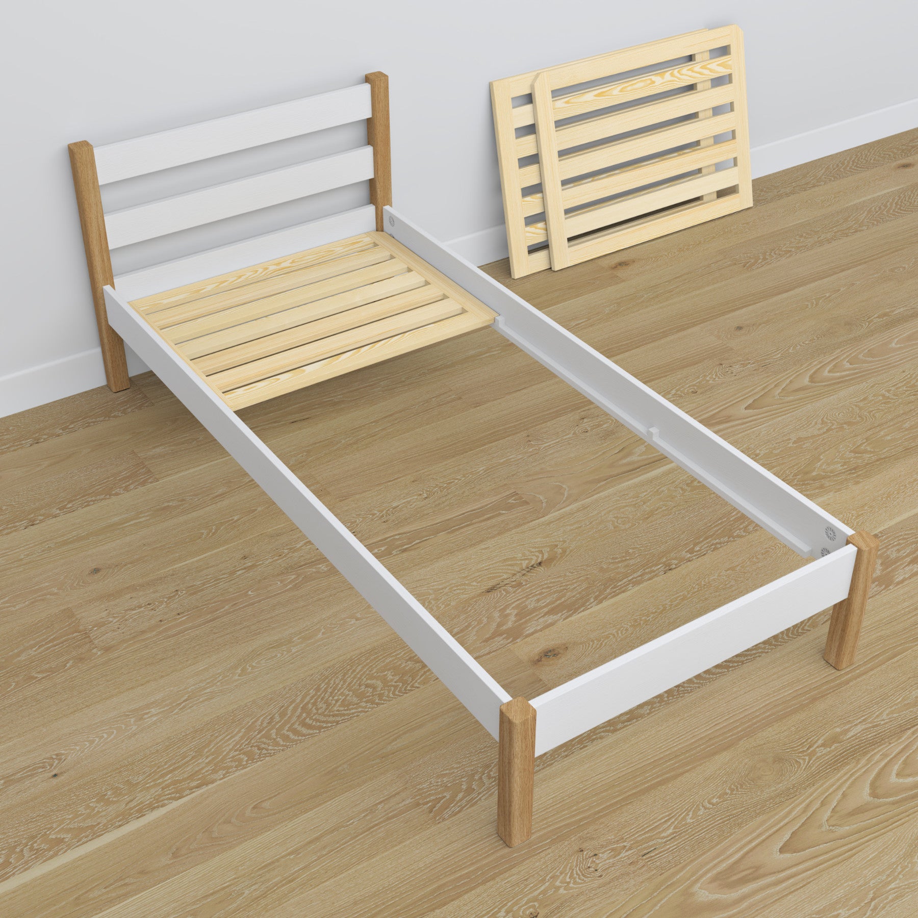 Wooden bed with drawer white-oak – headboard, close-up of wood quality