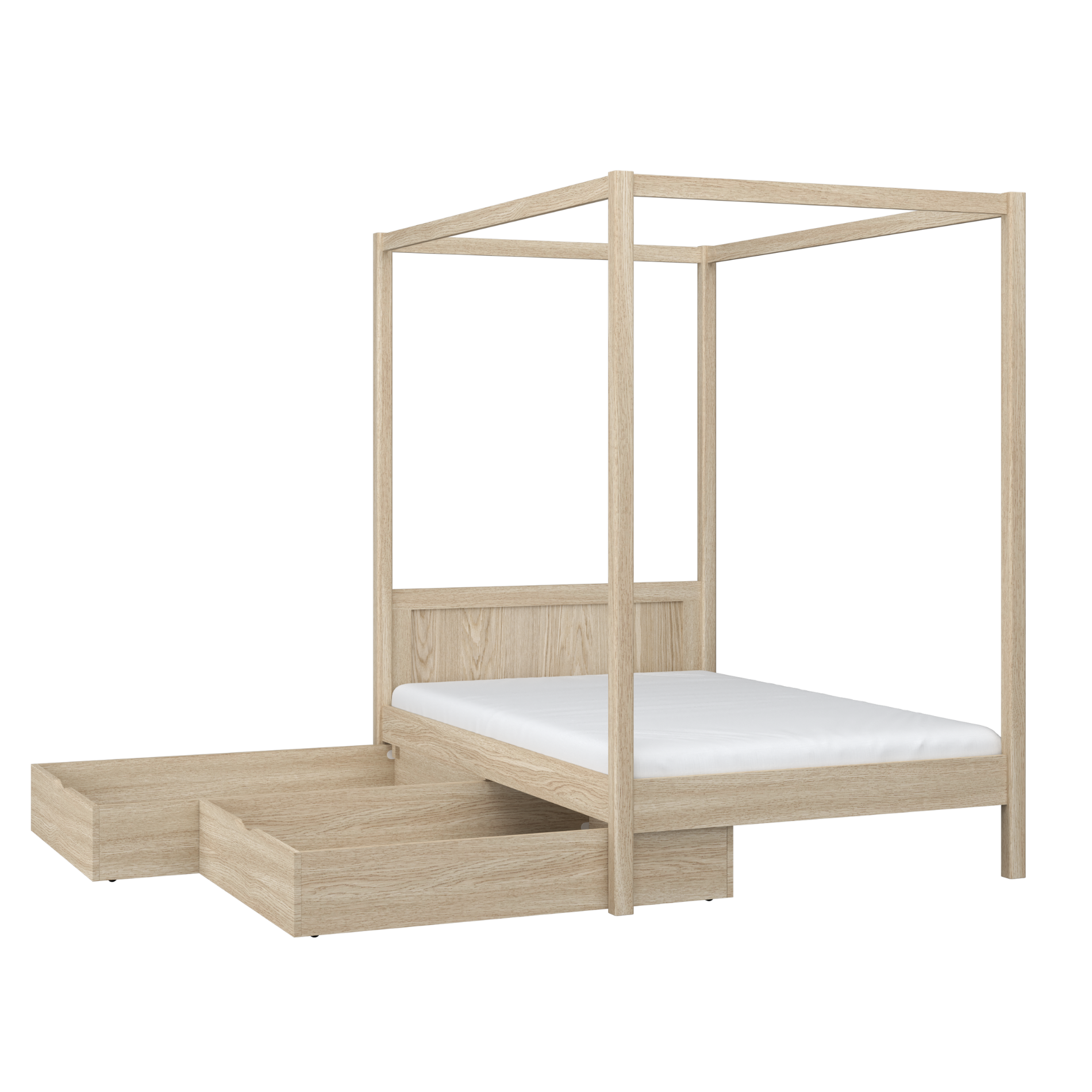 Bleached Oak Canopy Bed with Drawer – Side View, Oak